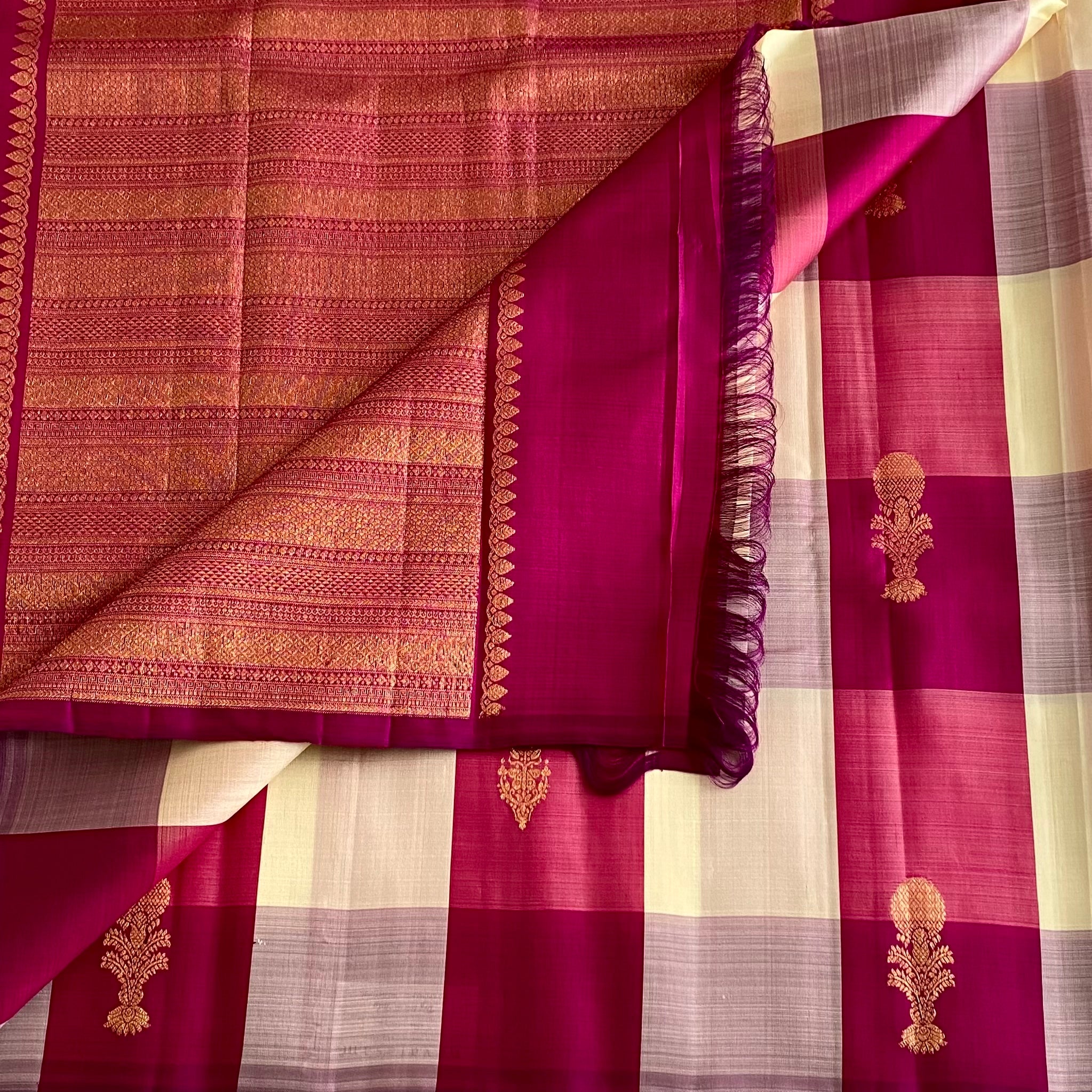 Berry Pink And Ivory Kanjeevaram Pure Zari Silk Saree With Zari Checks