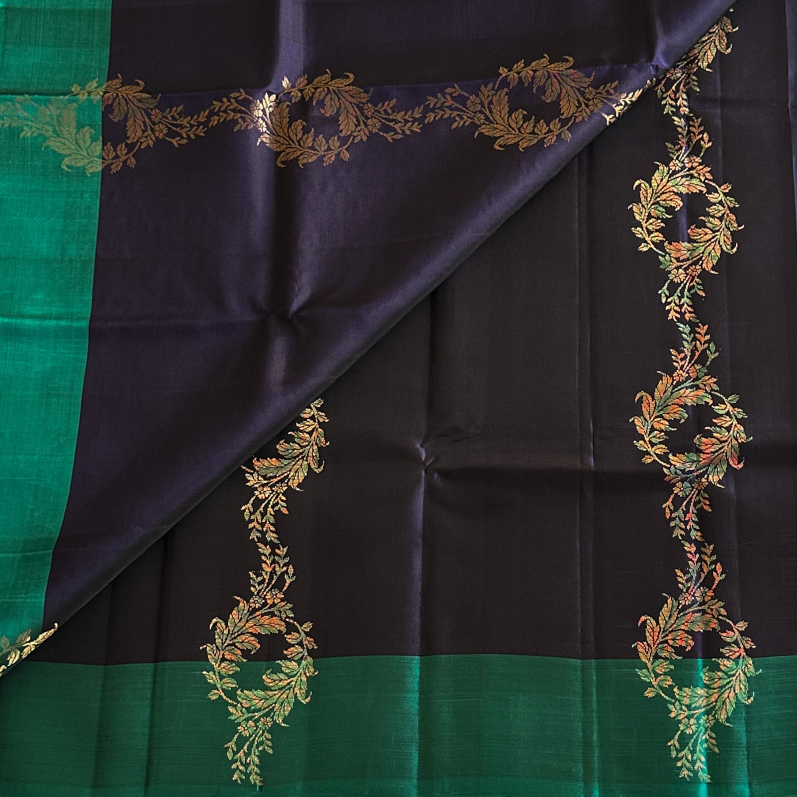 Navy Teal Silk Saree Antique Gold Zari Floral Woven Pallu