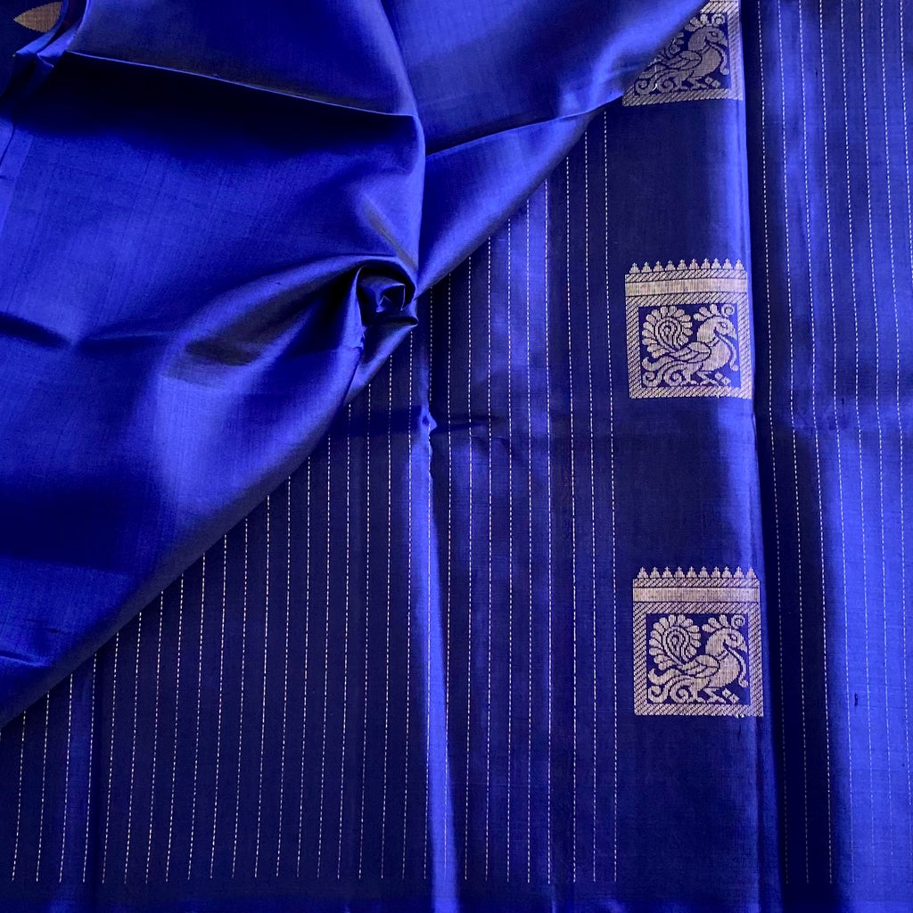 Royal Blue Designer Pure Silk Saree With Antique Zari Checks