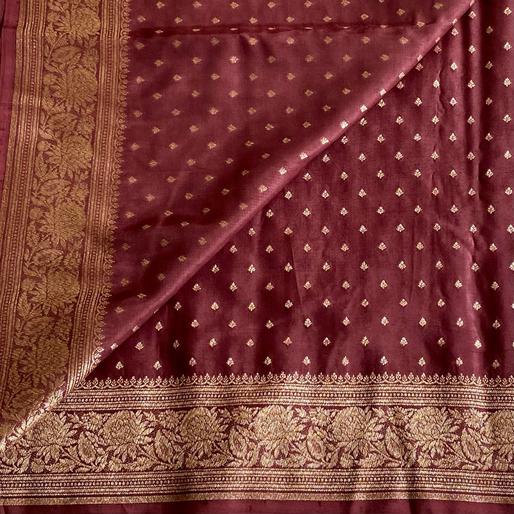 Burgundy Brown Banarasi Crepe Silk Saree With Antique Gold Brocade Pallu