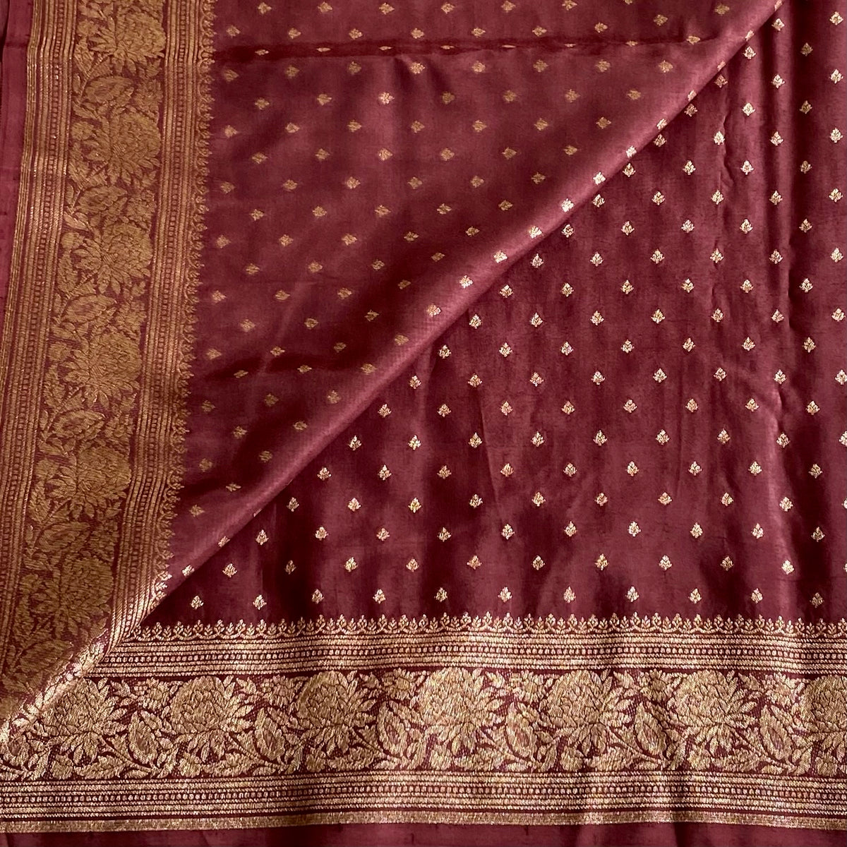 Burgundy Brown Banarasi Crepe Silk Saree With Antique Gold Brocade Pallu