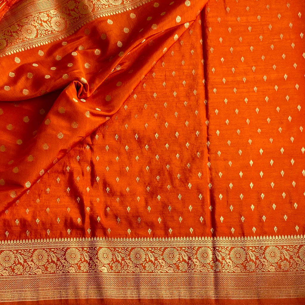 Burnt Orange Soft Crepe Silk Saree With Metallic Gold Zari Pallu