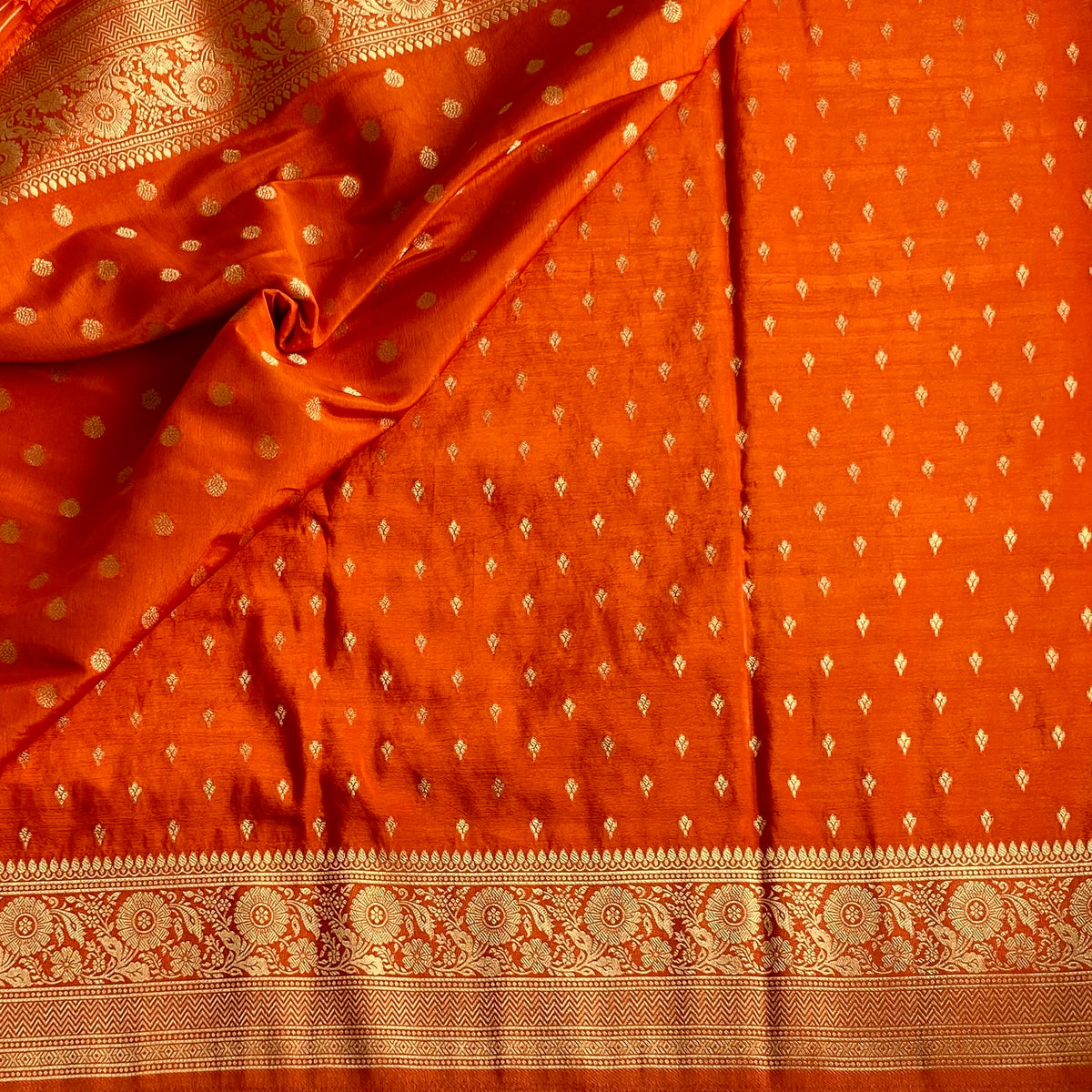Burnt Orange Soft Crepe Silk Saree With Metallic Gold Zari Pallu