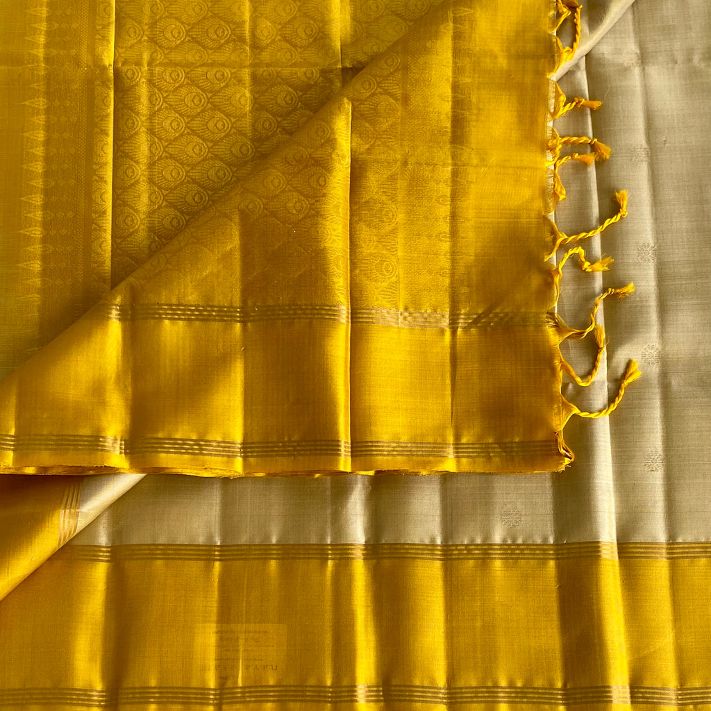 Mustard Yellow Designer Pure Silk Saree With Ivory Beige Pallu