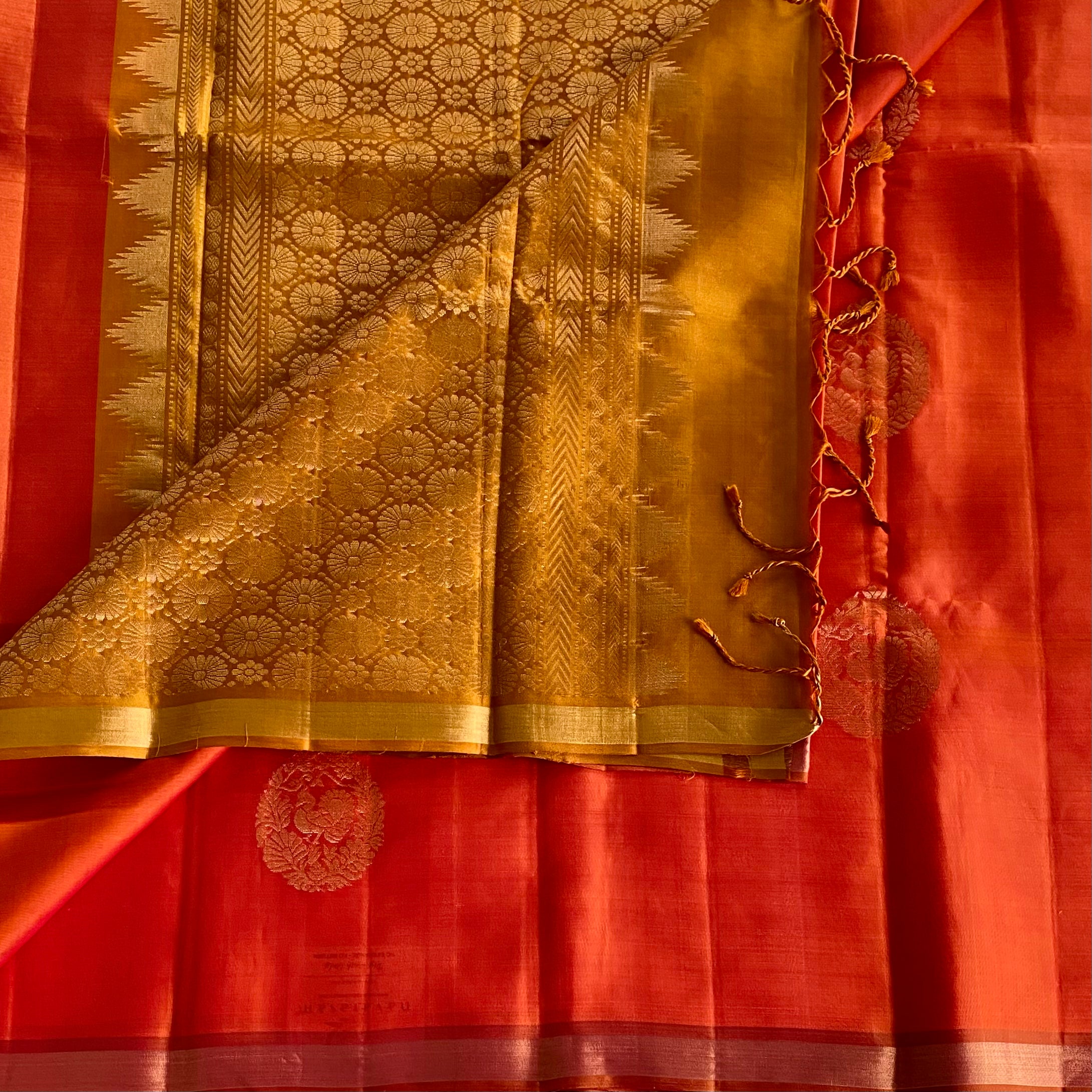 Tomato Red Designer Pure Silk Saree With Mustard Gold Pallu