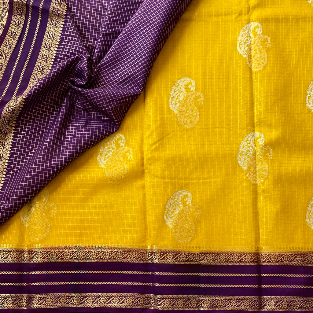 Golden Yellow Silk Saree Royal Purple Pallu Gold Zari Brocade