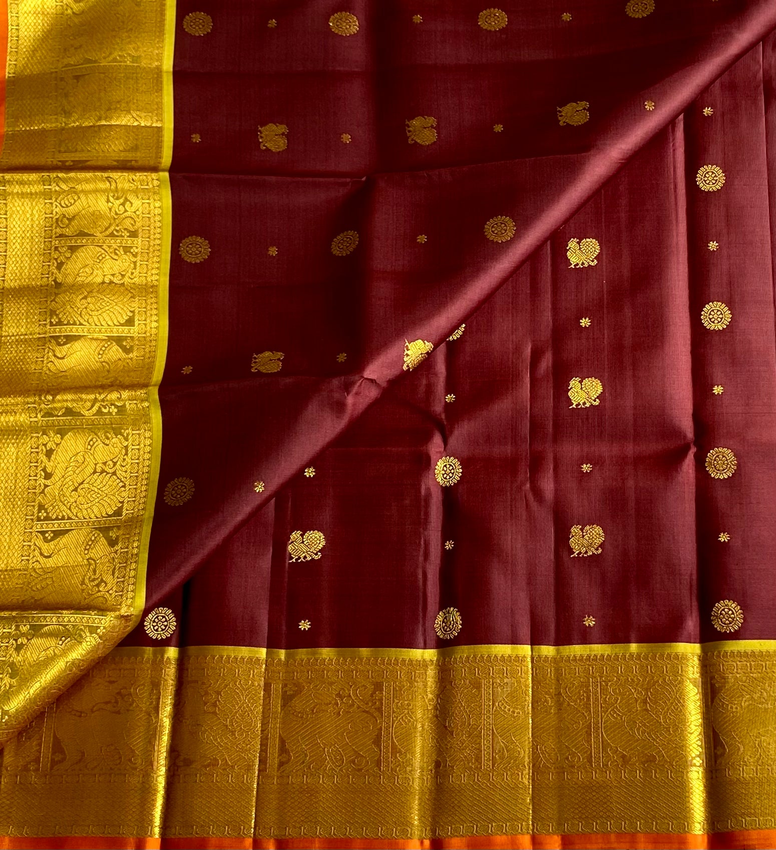 Golden Brocade Silk Saree with Maroon Pallu and Peacock Border