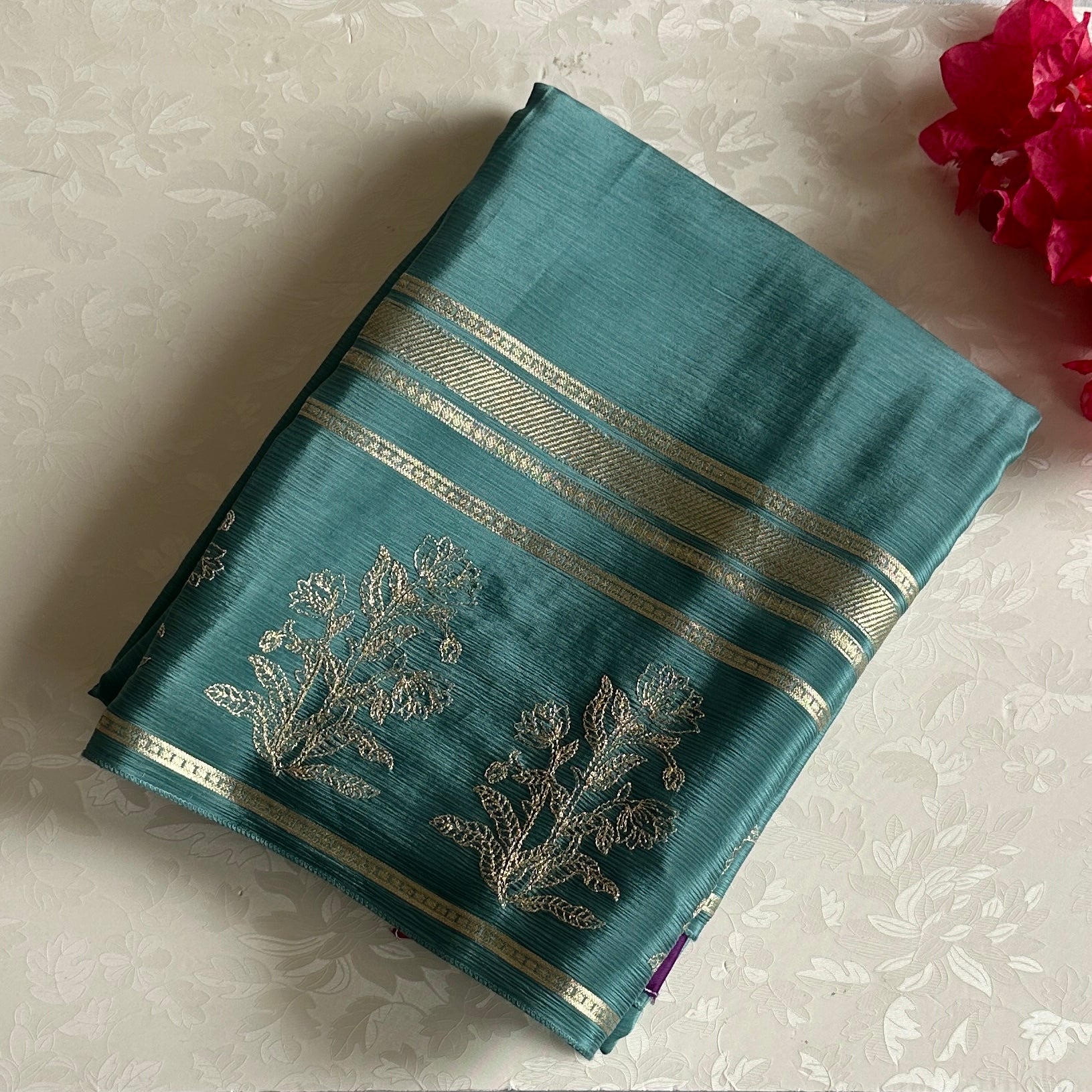 Teal Blue Soft Crepe Silk Saree With Gold Woven Stripes