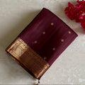 Deep Chocolate Designer Pure Raw Silk Saree With Antique Gold Zari Border & Green Blouse