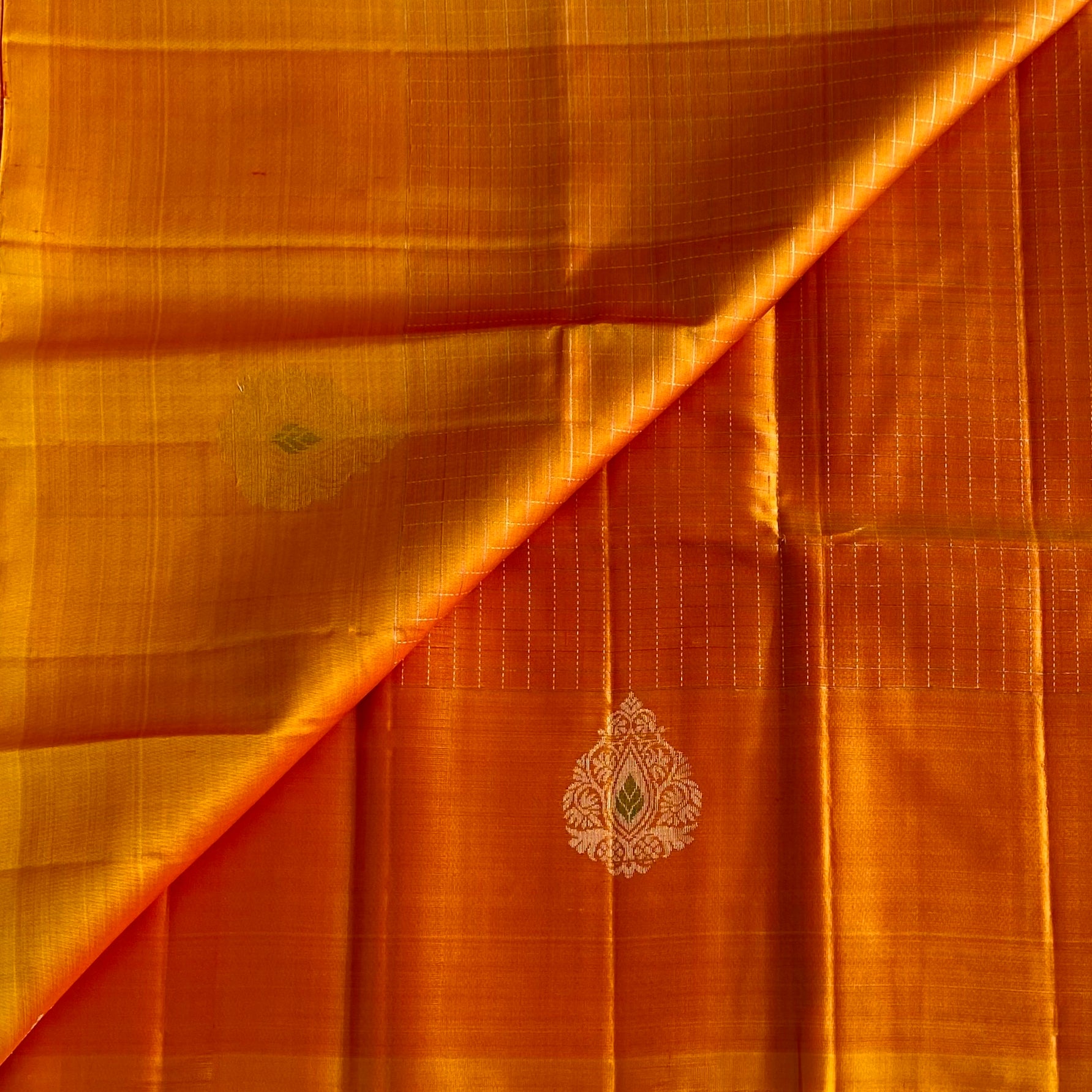 Sunset Orange Designer Pure Silk Saree With Checkered Pallu