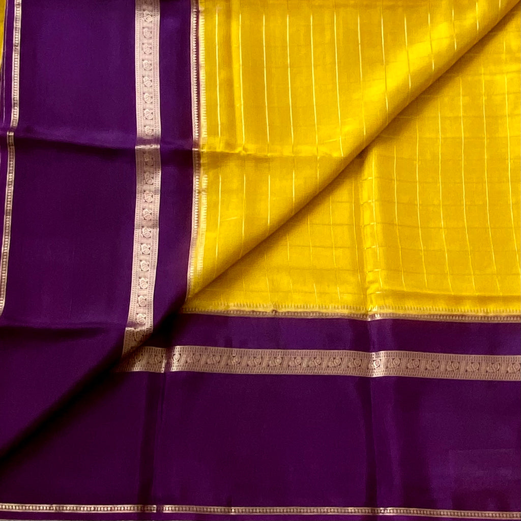 Sunflower Yellow Purple soft crepe stunner with checkered weave