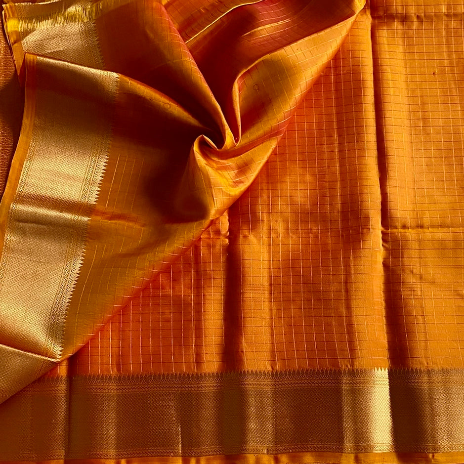 Tangerine Orange Micro Checkered Designer Pure Silk Saree With Metallic Gold Pallu