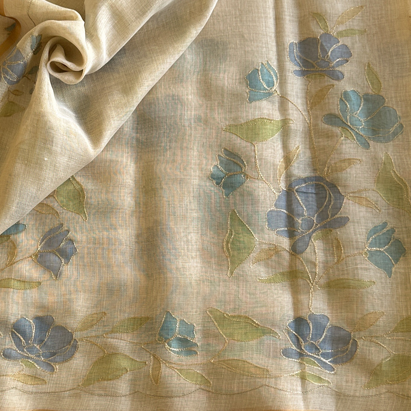 Light Beige Sheer Saree Powder Blue Floral Gold Outline Border