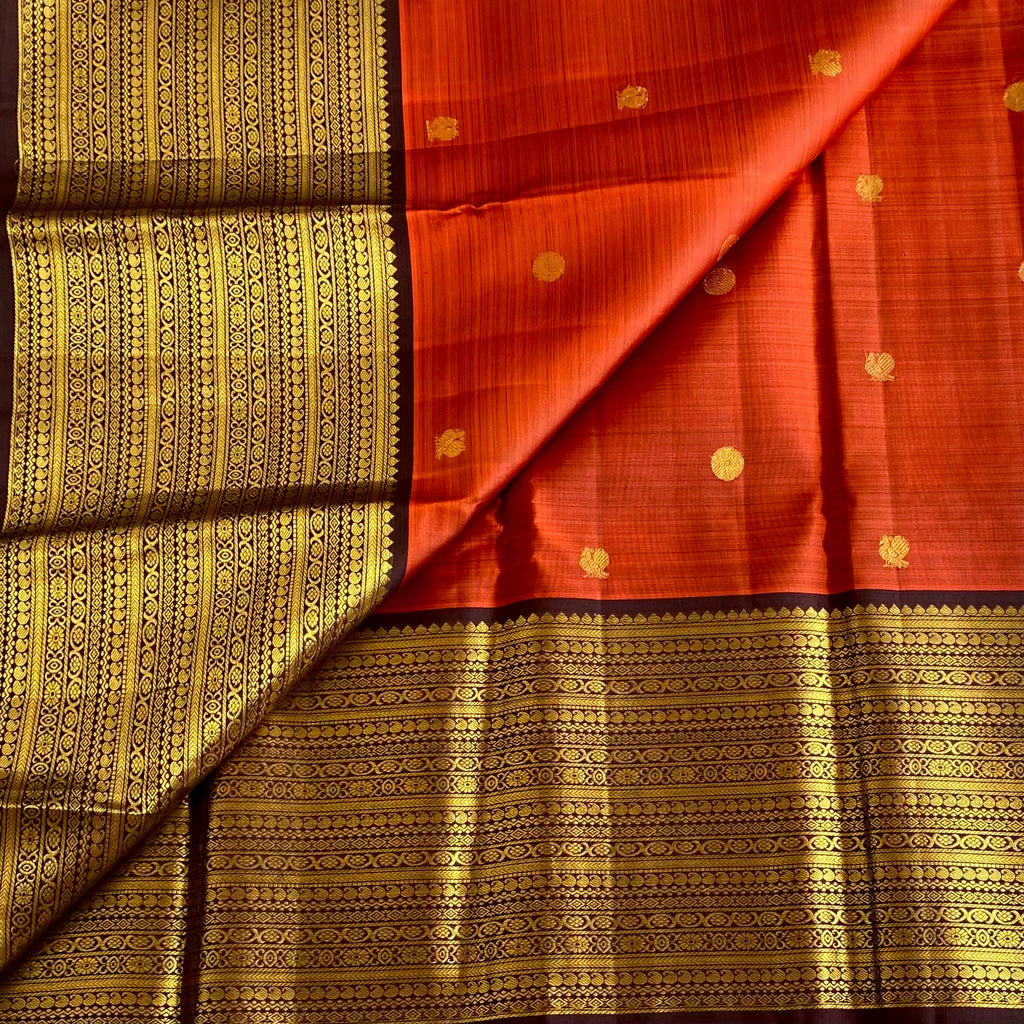 Deep Rustic Kanjeevaram Pure Zari Silk Saree With Wine Brown Pallu