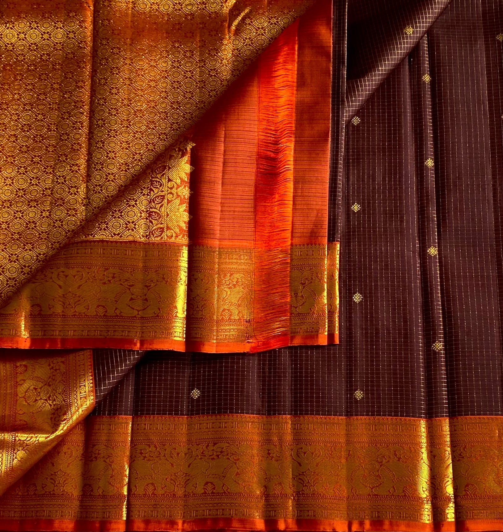 Deep Violet Silk Saree Gold Brocade Pallu Saffron Orange Border