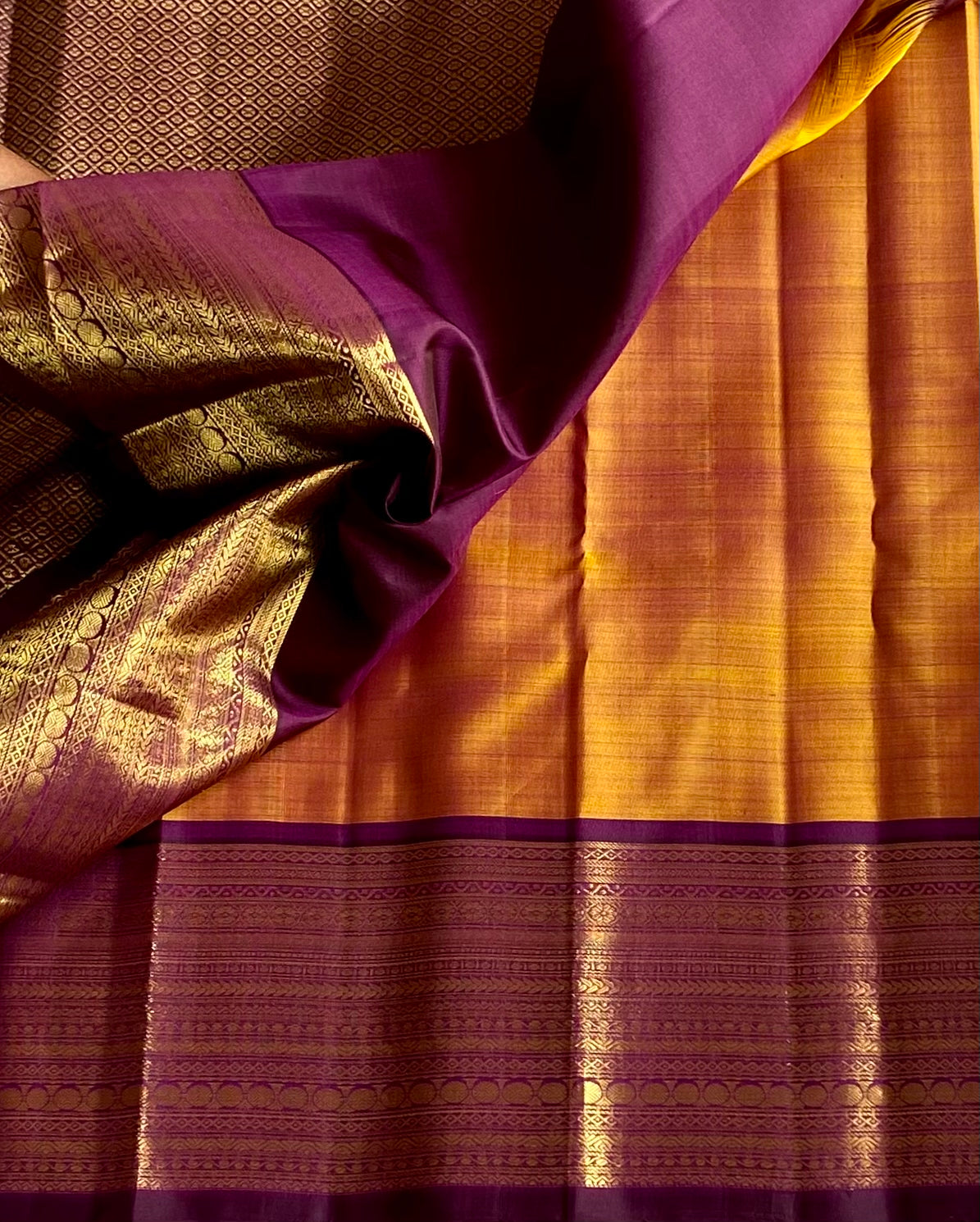 Royal Purple Mustard Gold Brocade Silk Saree Wedding Festive Traditional