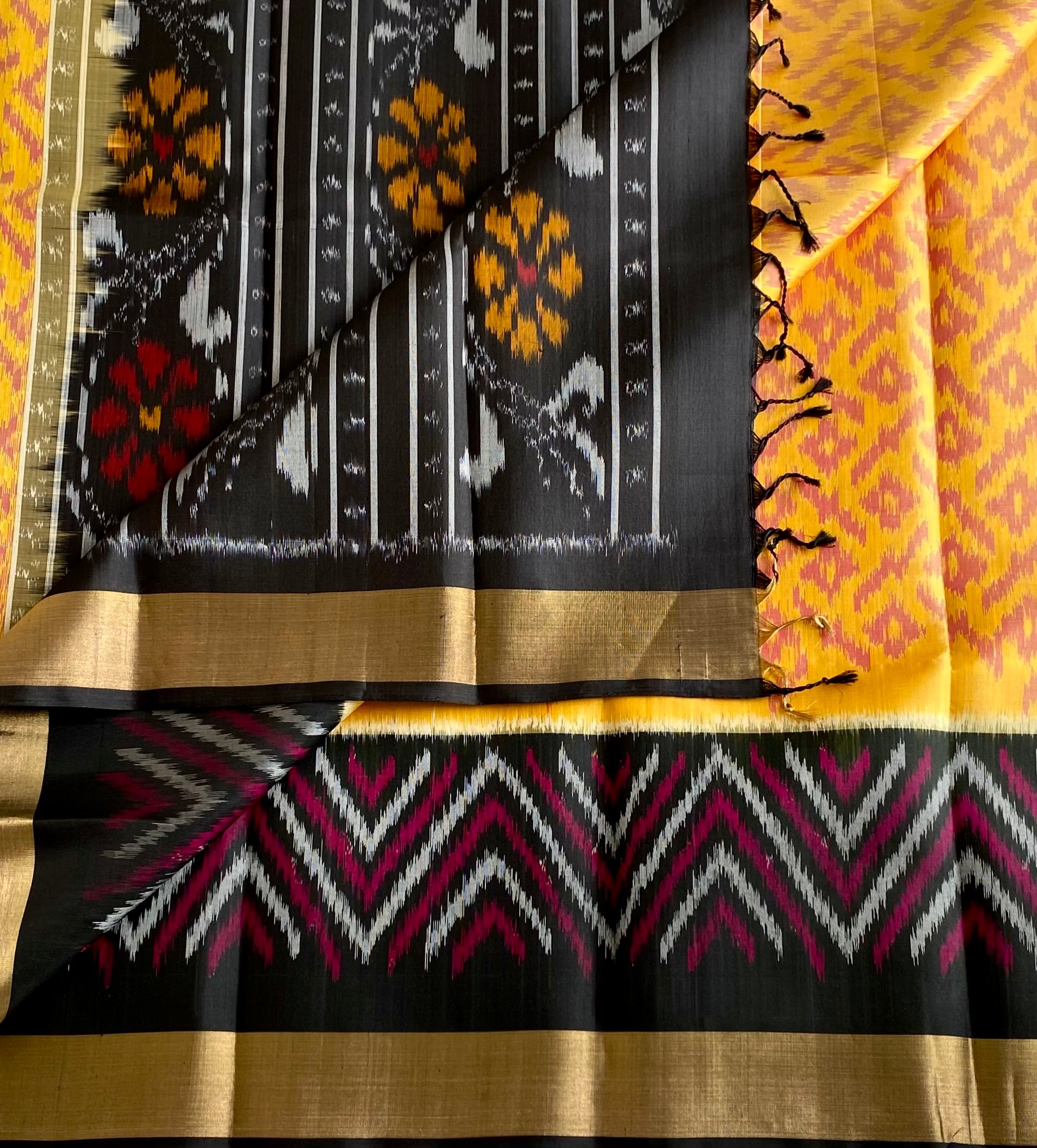 Dreamy Sunflower Yellow Designer Pure Ikkat Silk With Jet Black
