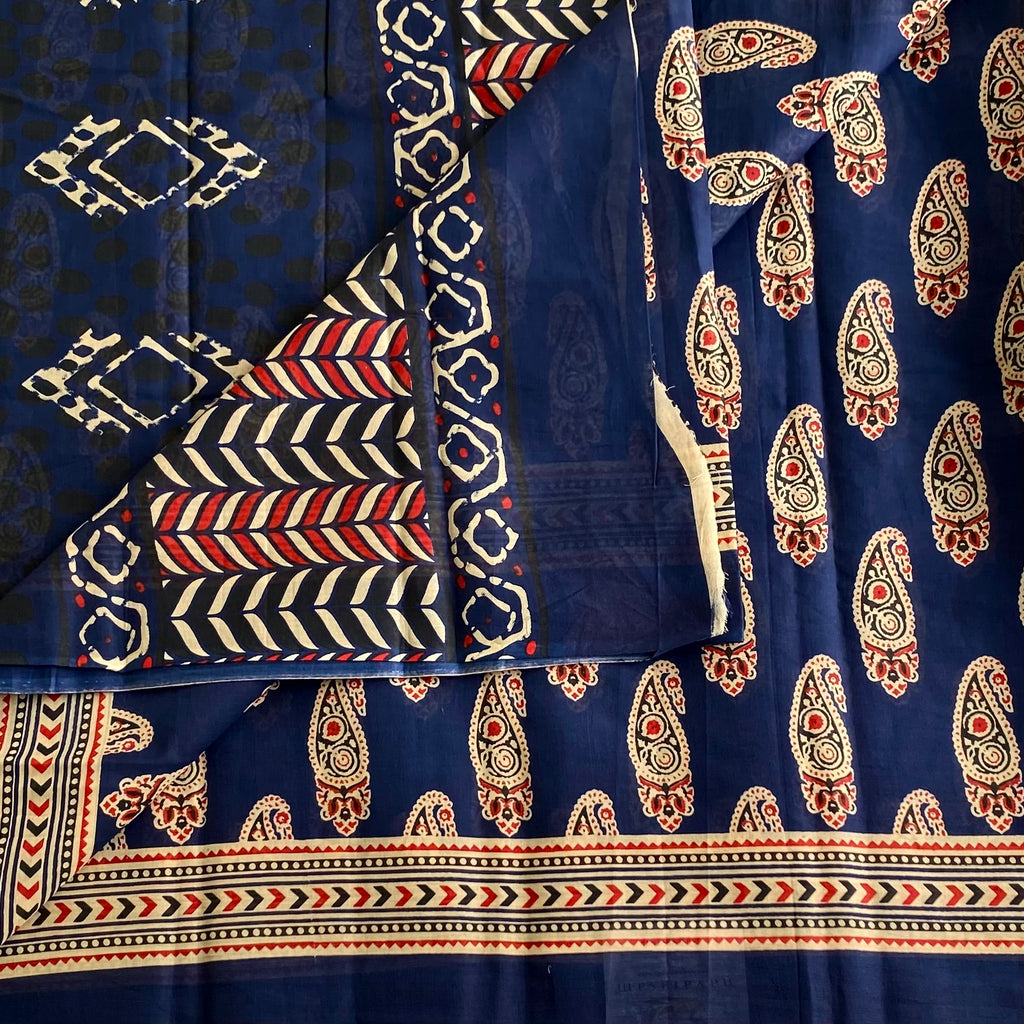 Navy Blue Handblock Printed Saree With Cream Paisley Pallu