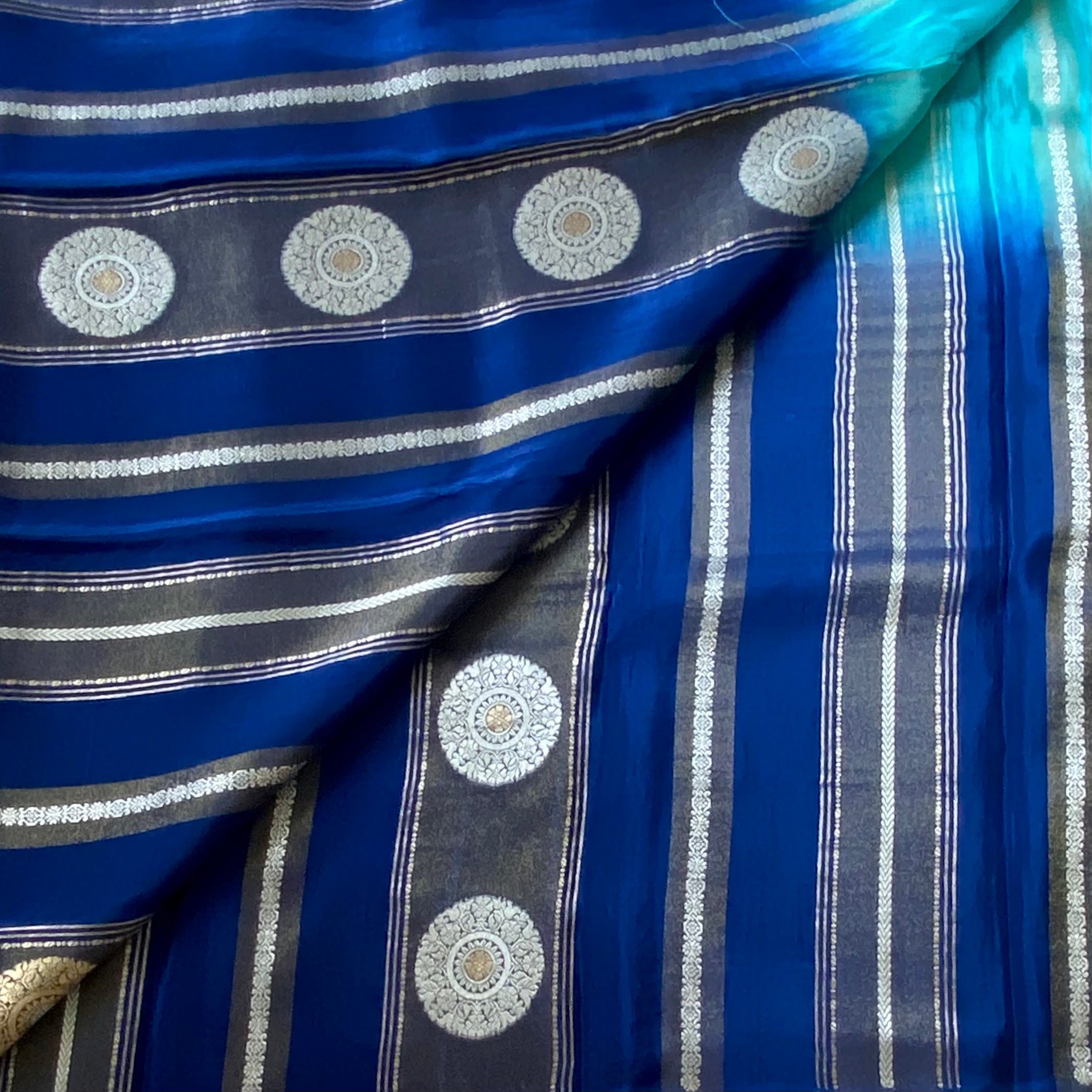 Ombre Sea blue with royal blue  soft satin crepe with zari woven work
