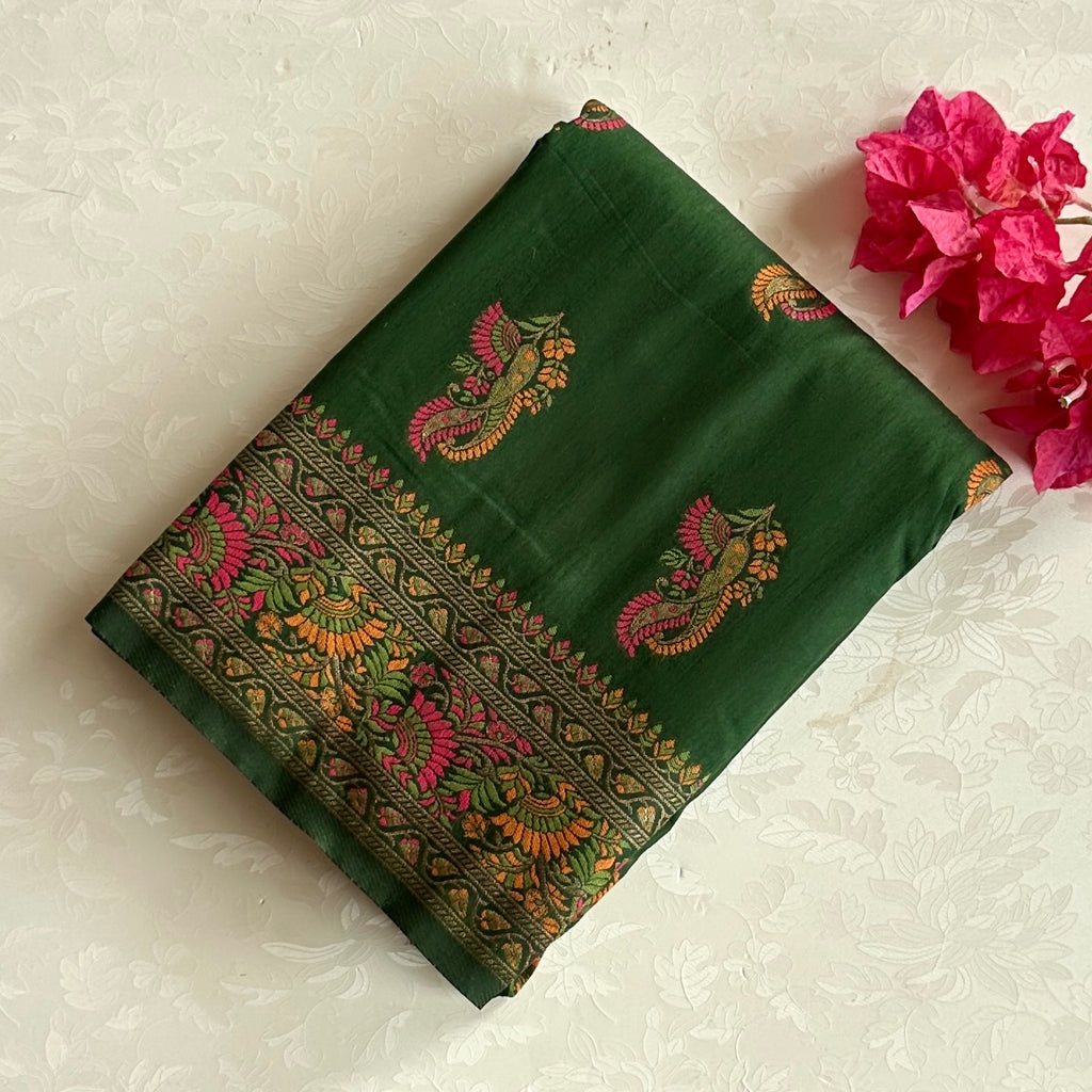 Emerald green with Meenakari woven(not printed) soft tussar with rich pallu