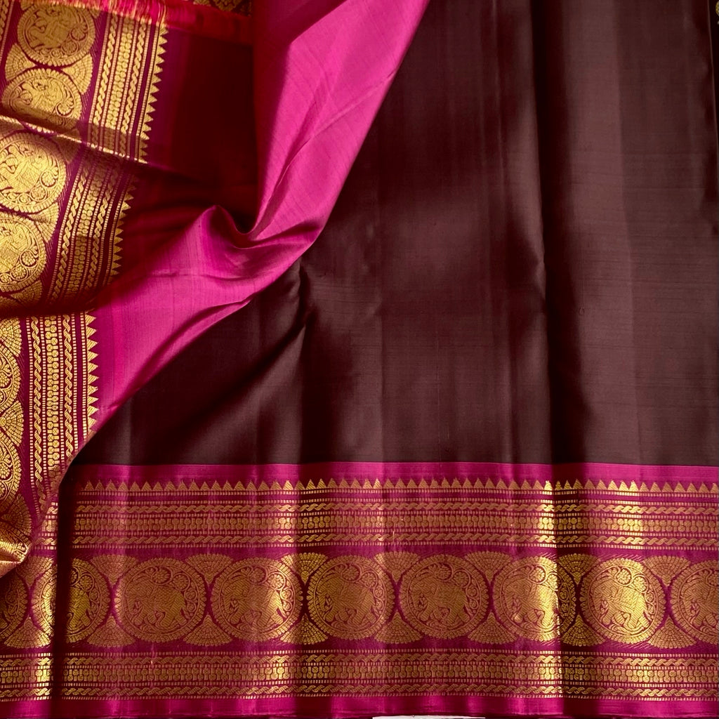 Chocolate Brown Kanjeevaram Pure Zari Silk Saree With Bright Magenta Pallu