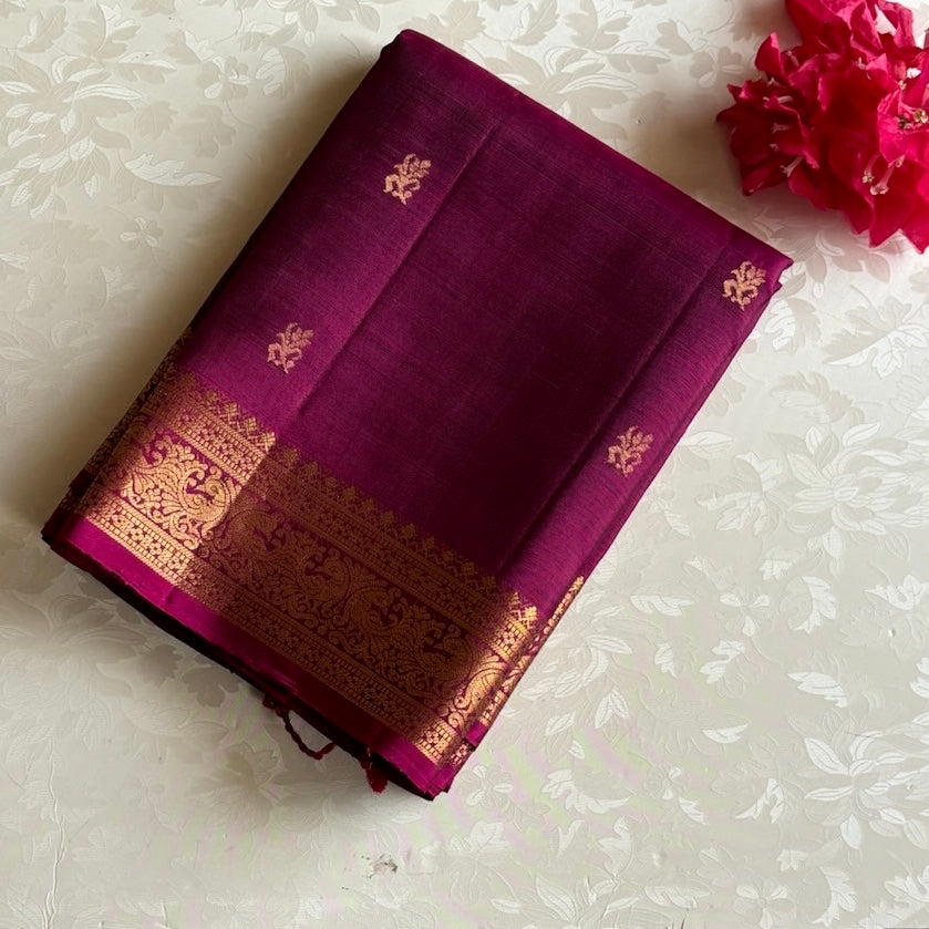 Dual Shaded Magenta And Antique Gold Designer Pure Silk Saree With Woven Border
