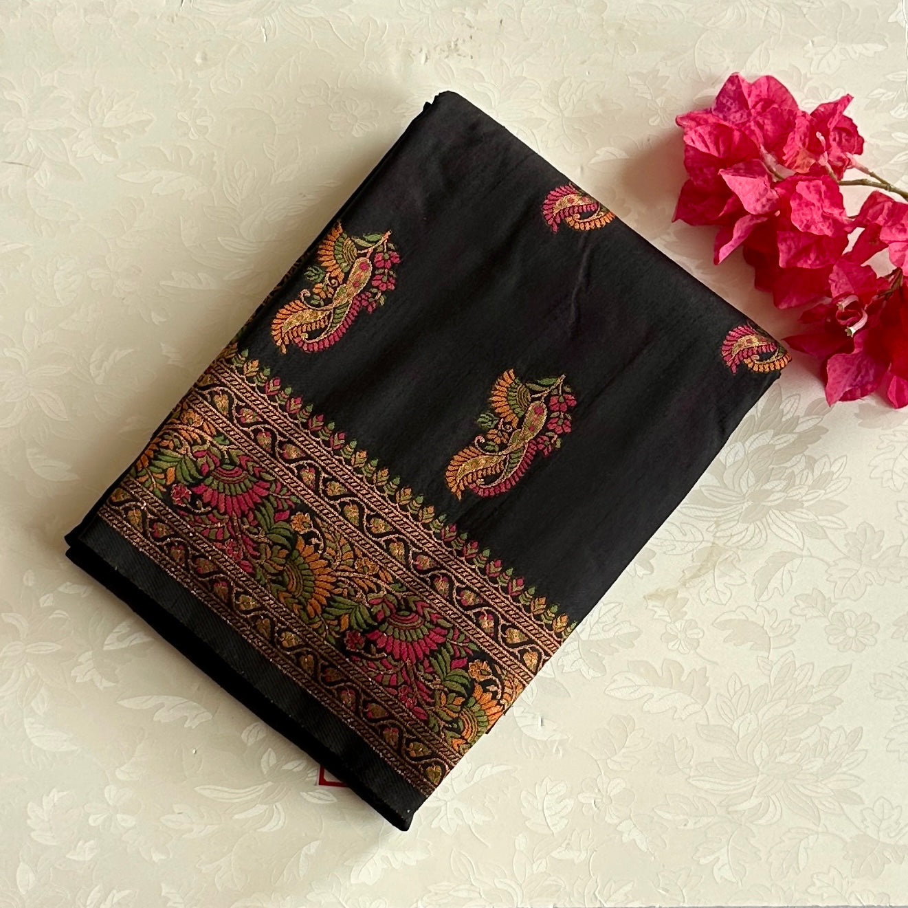 Black with Meenakari woven(not printed) soft tussar with rich pallu