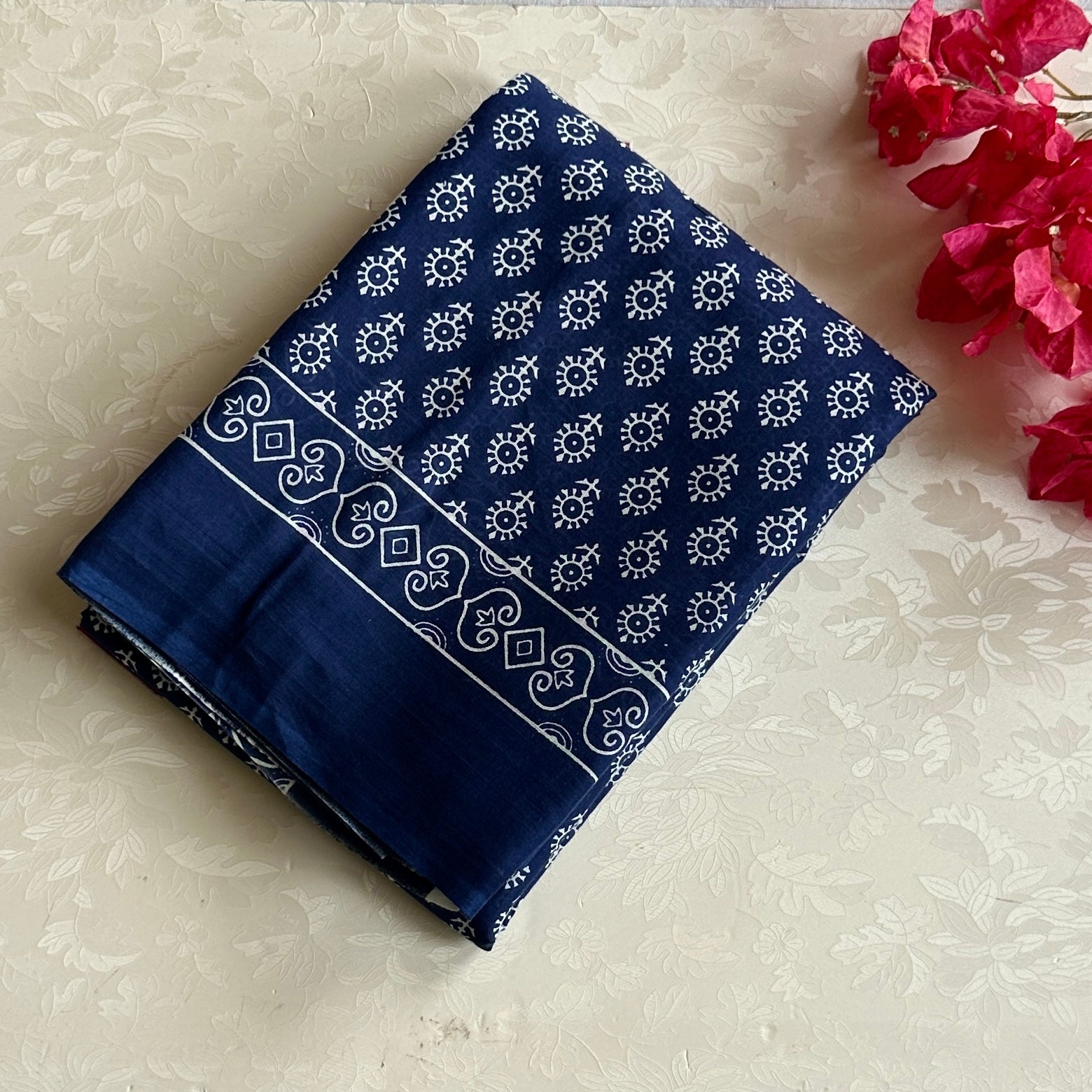 Royal Blue White Block Print Saree With Printed Border Classic
