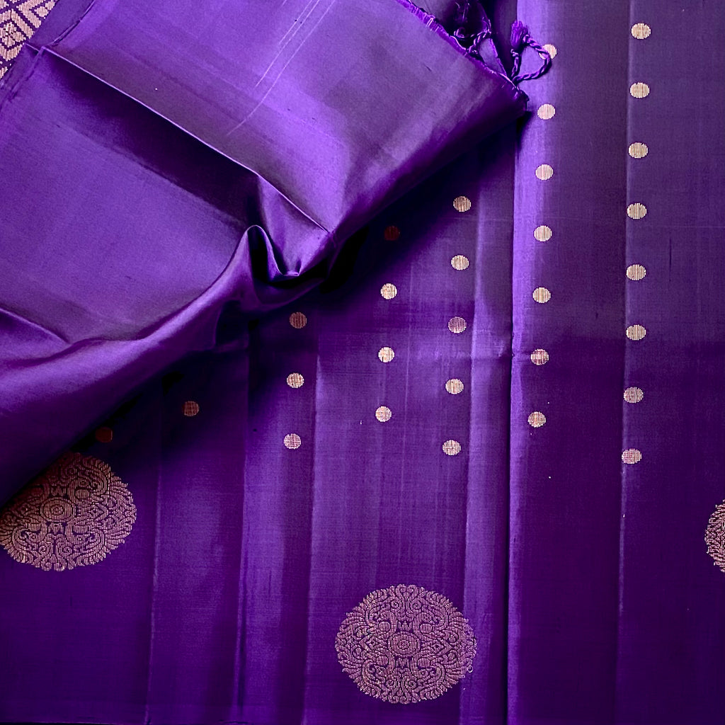Deep Violet Silk Saree with Antique Gold Brocade and Diamond Pallu