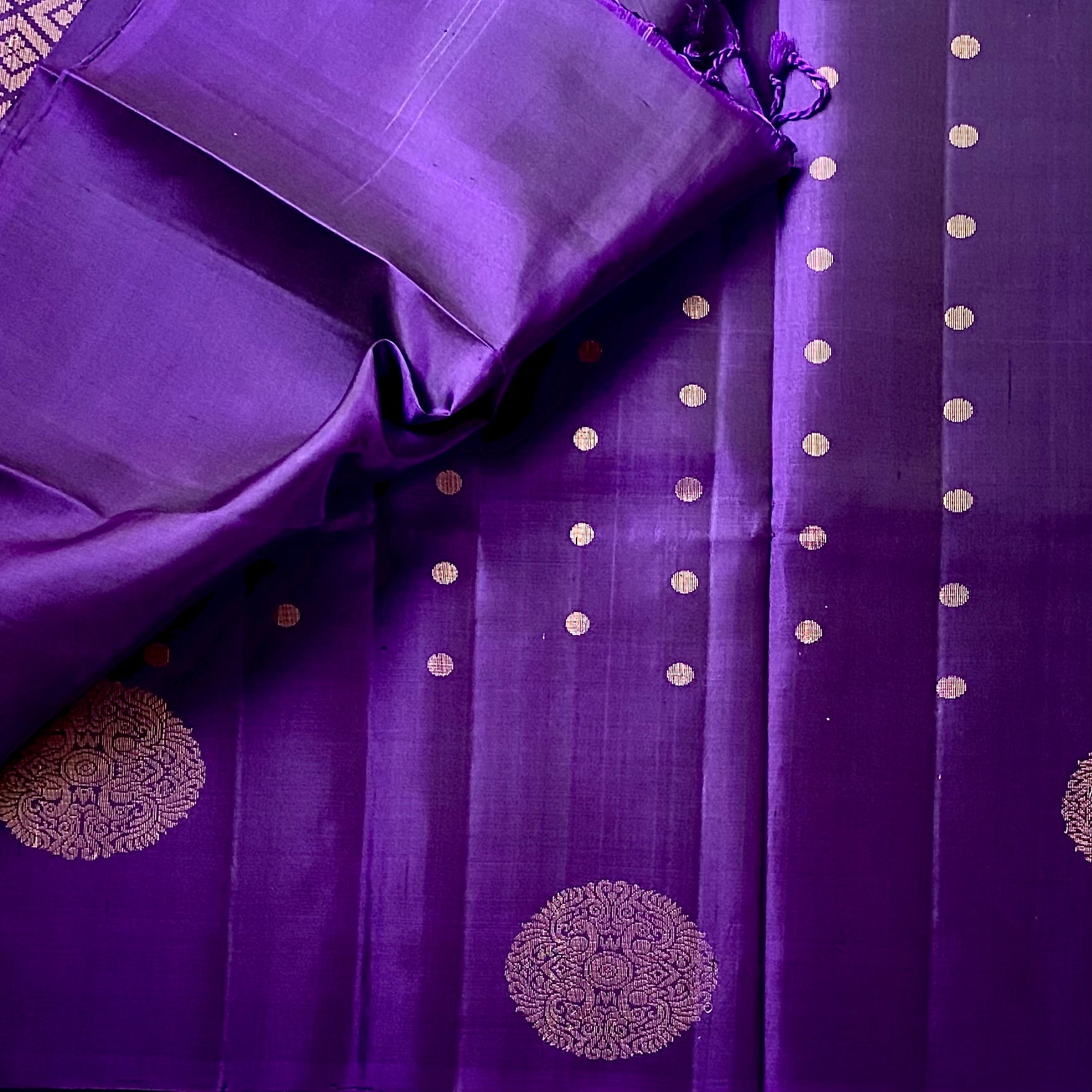 Deep Violet Silk Saree with Antique Gold Brocade and Diamond Pallu