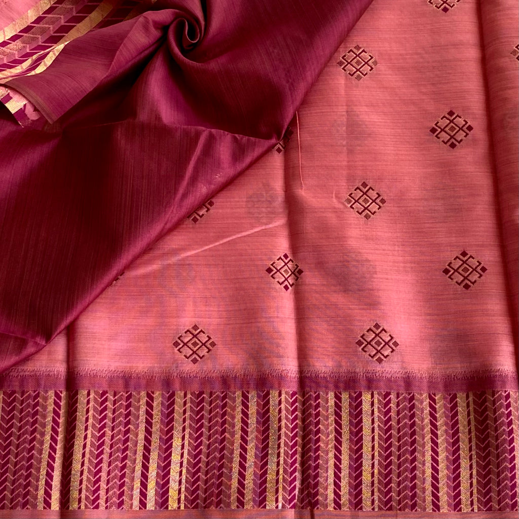 Rose Pink Silk Saree Gold Zari Magenta Chevron Pallu Tassel