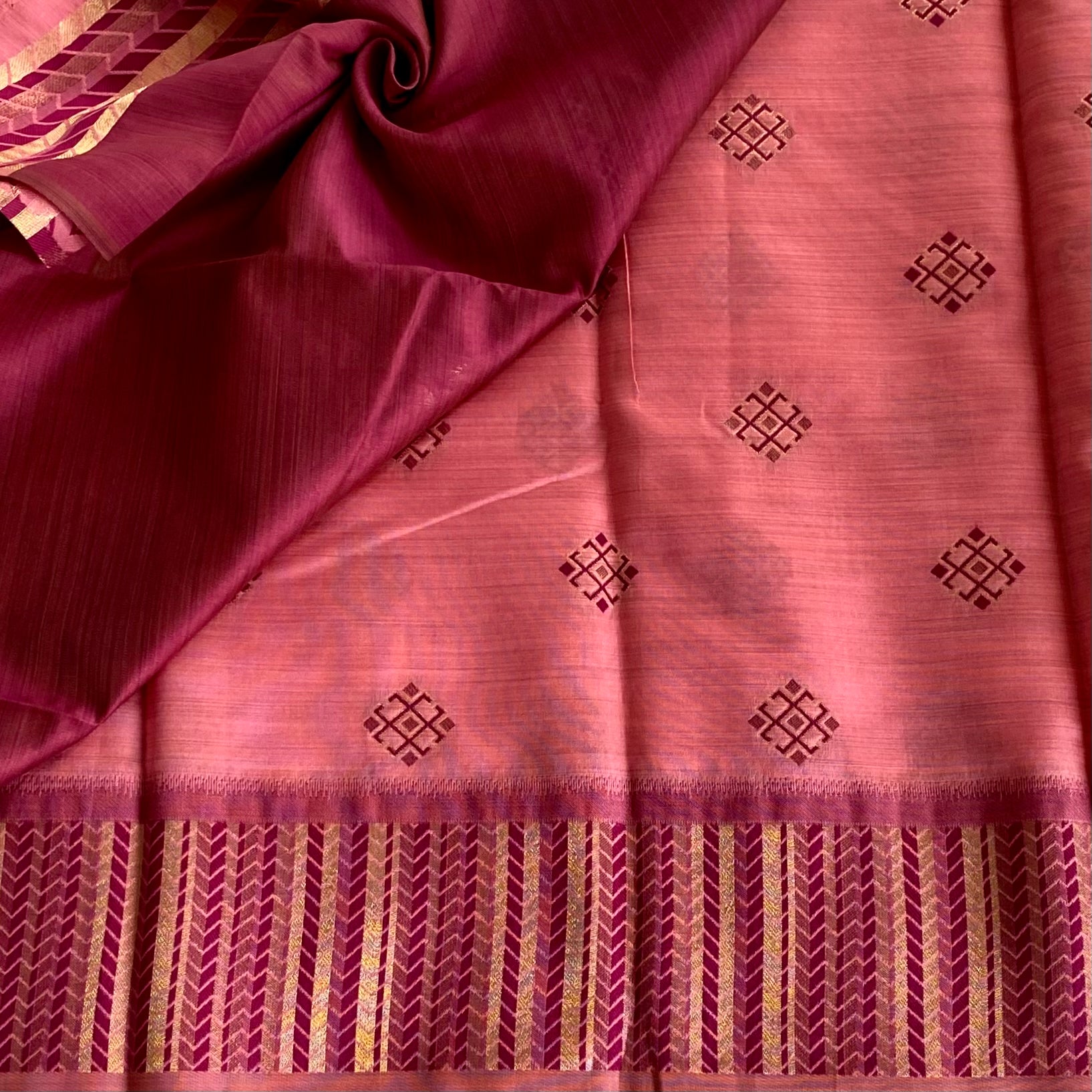 Rose Pink Silk Saree Gold Zari Magenta Chevron Pallu Tassel