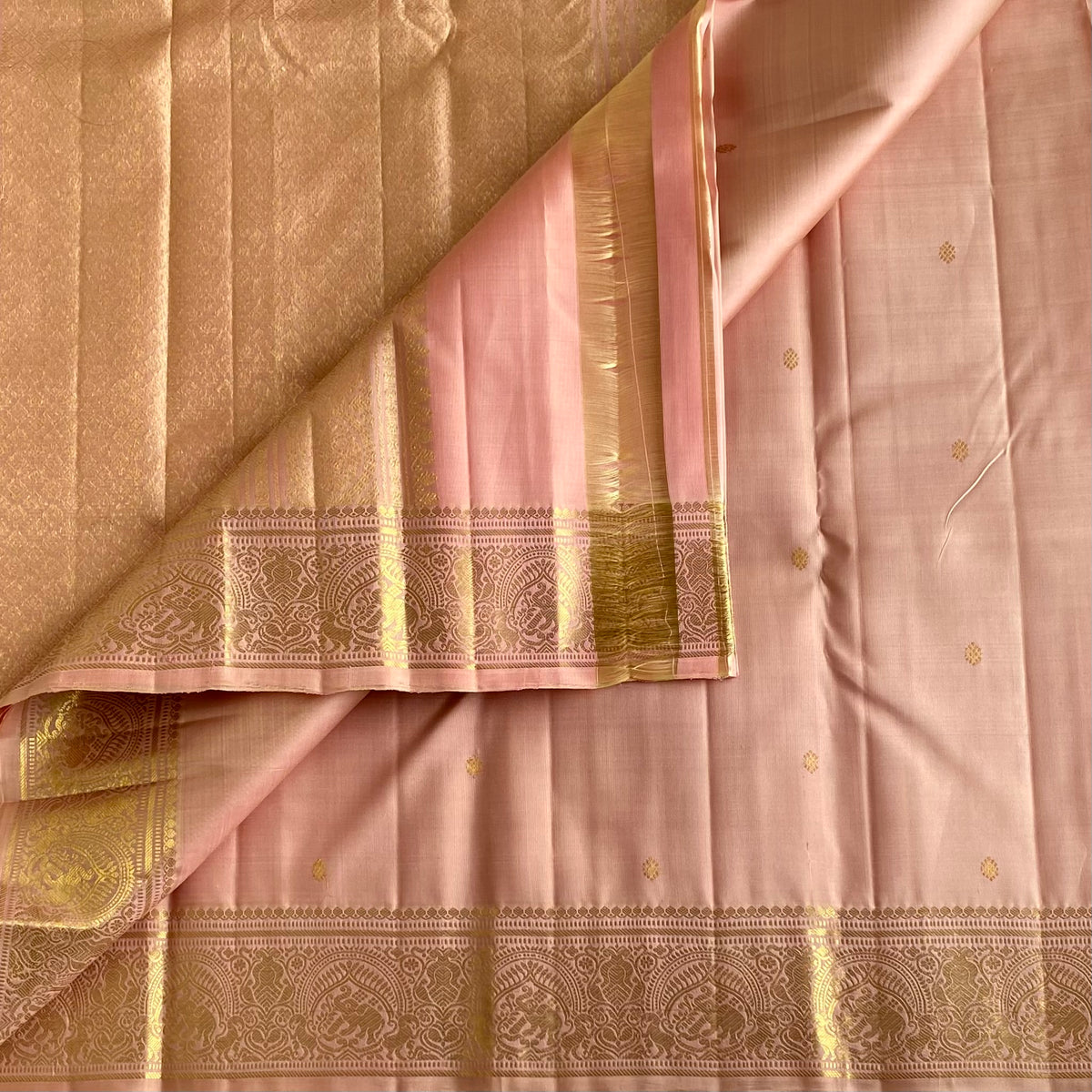 Blush Pastel Pinkish Peach Kanjeevaram Pure Zari Silk Saree With Metallic Gold Border
