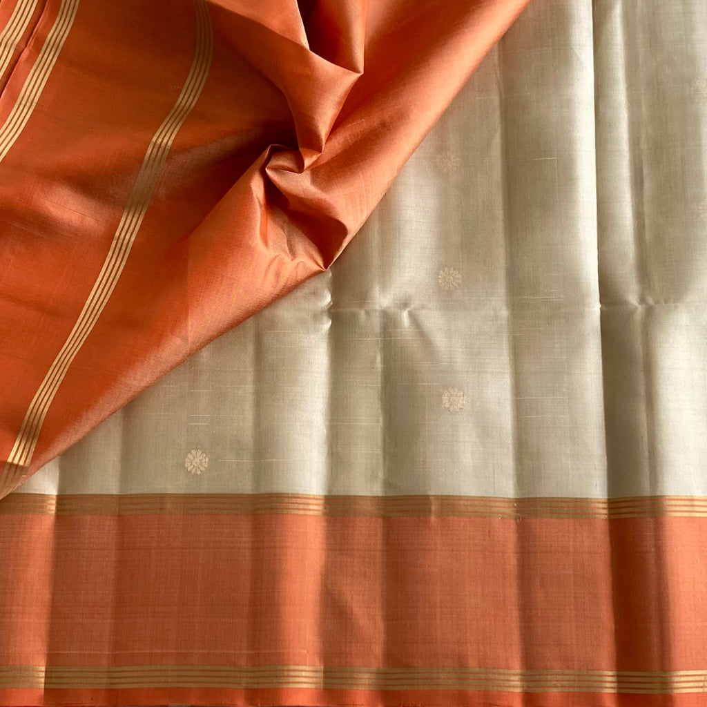 Champagne Beige Designer Pure Silk Saree With Sorbet Orange Pallu
