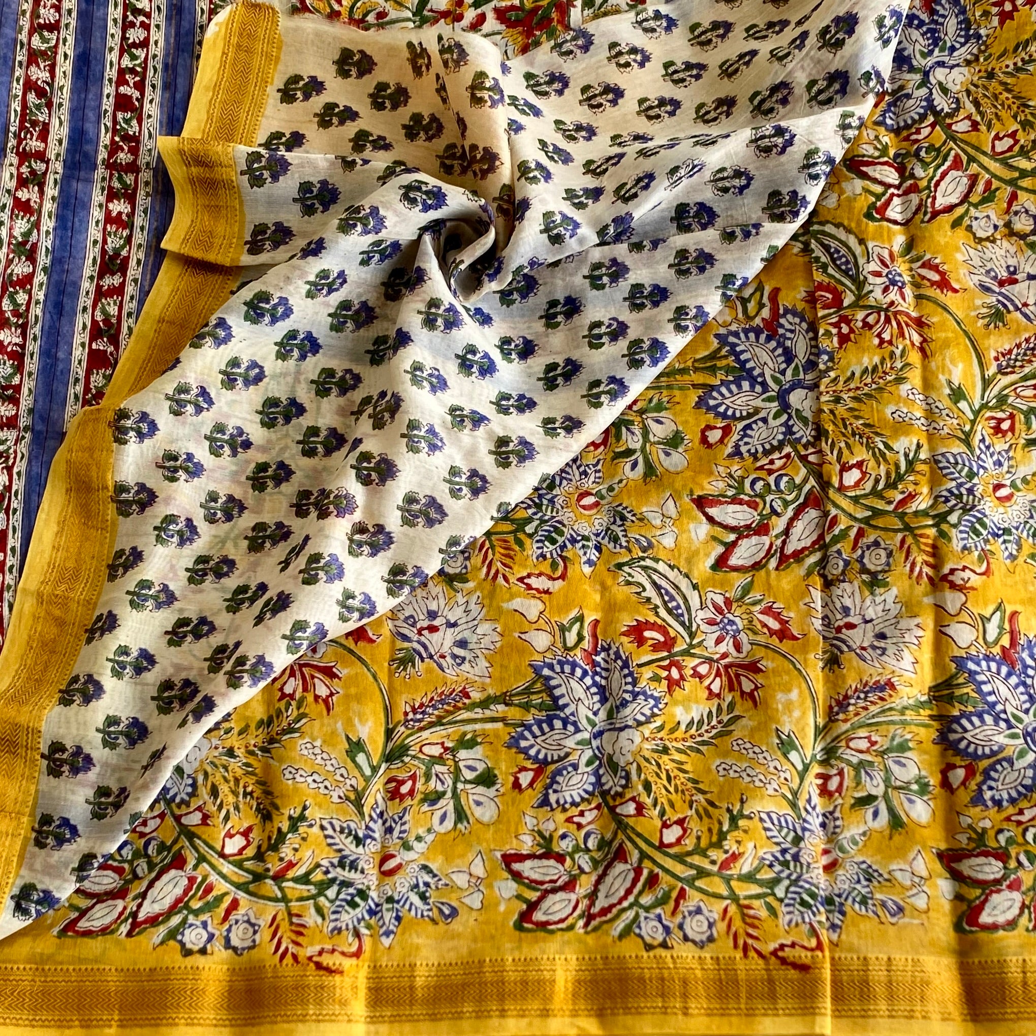 Mustard Yellow Soft Tussar Silk Saree With Royal Blue Floral Print
