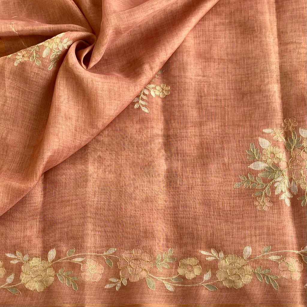 Terracotta Peach Designer  Linen Tussar Saree With Gold Floral Embroidery And Tassels