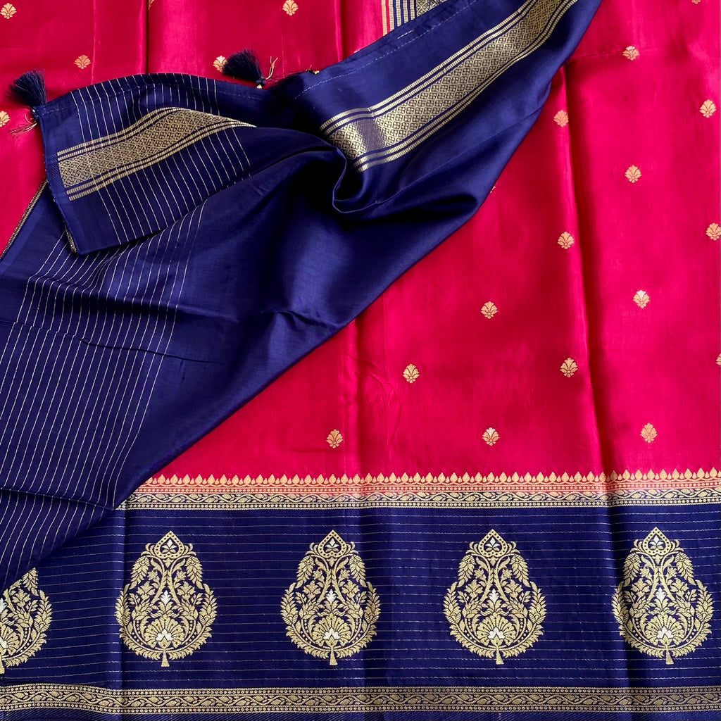 Rani Pink Soft Tussar Silk Saree With Navy Blue Pallu