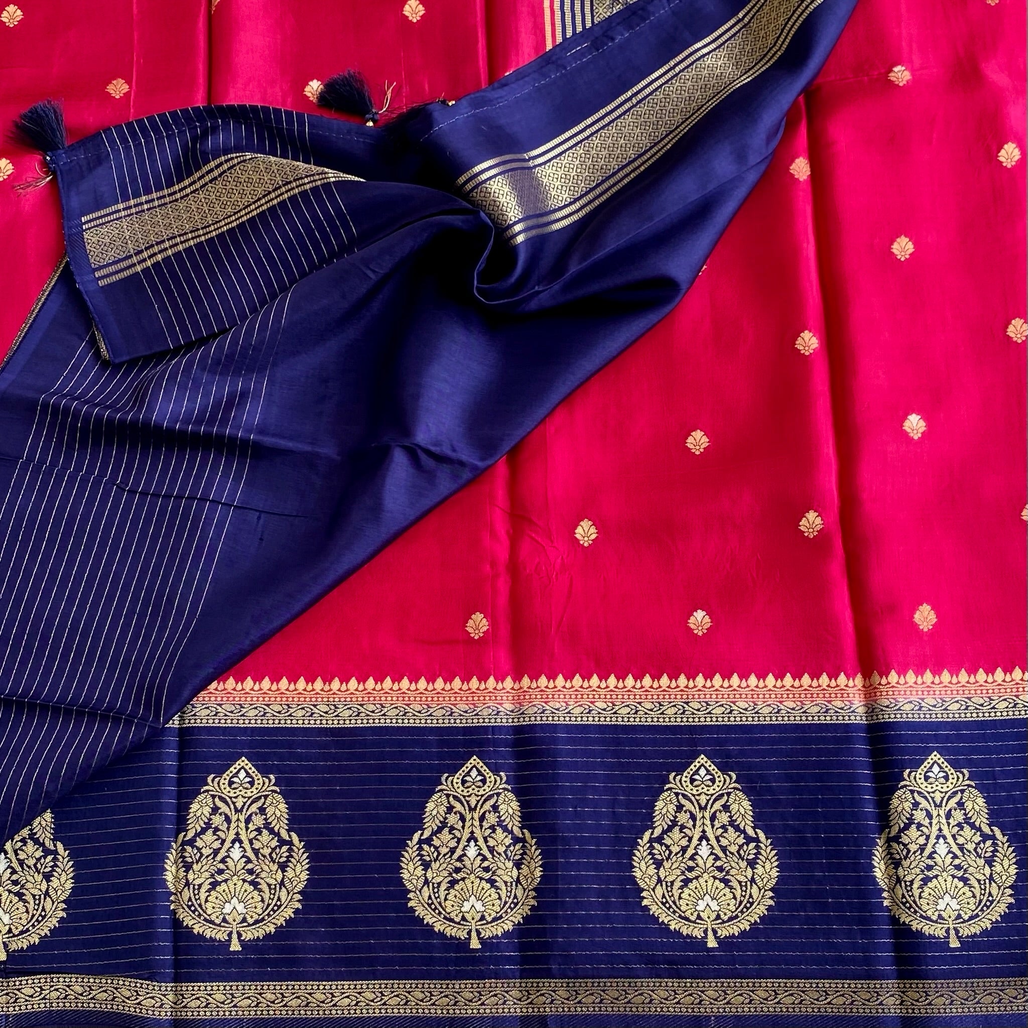 Rani Pink Soft Tussar Silk Saree With Navy Blue Pallu