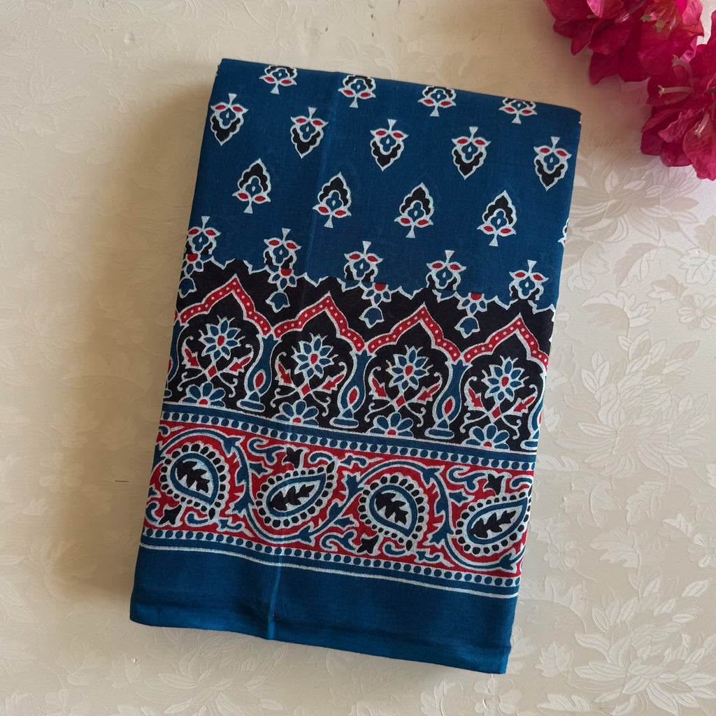 Indigo Red Block Print Cotton Saree Paisley Floral Casual Wear