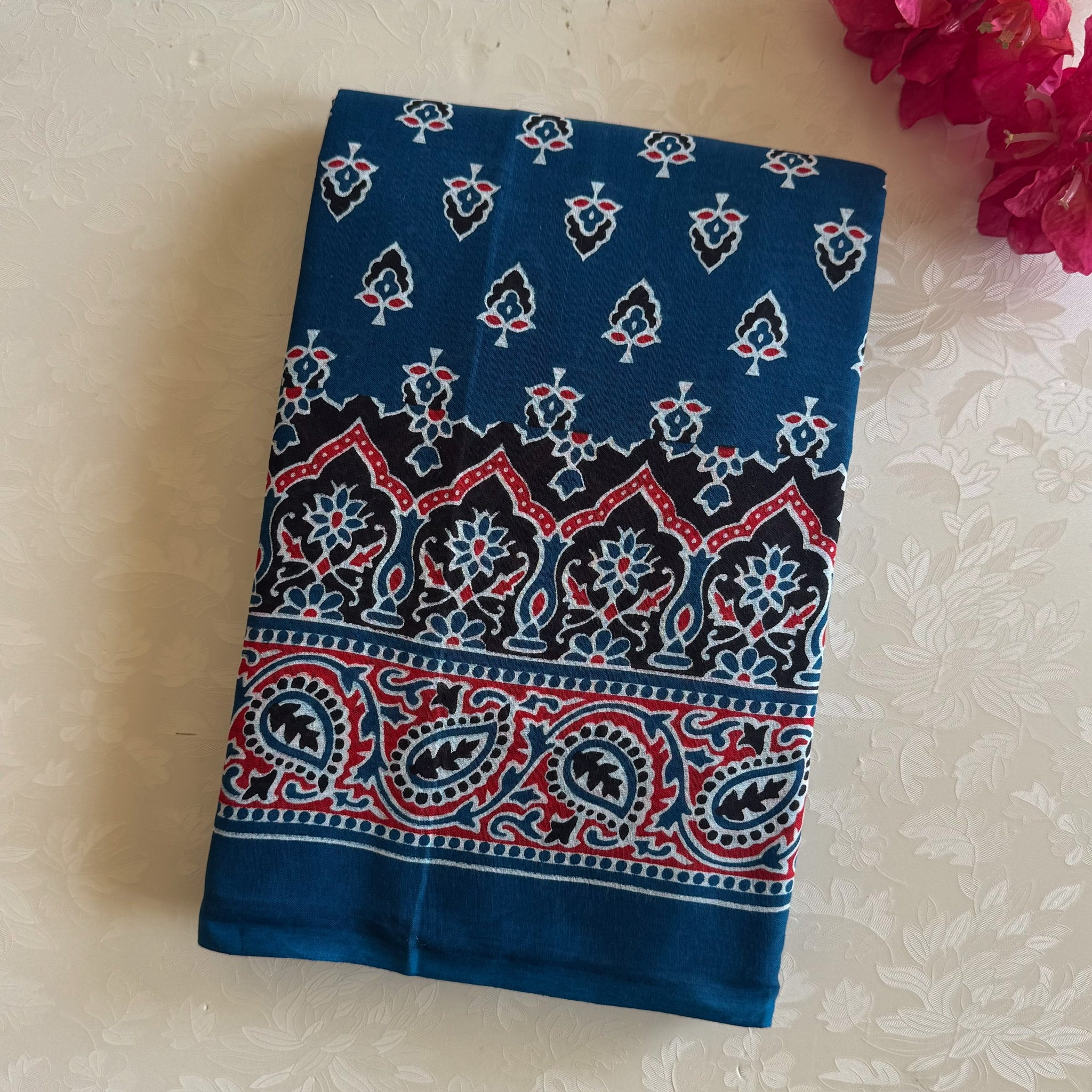 Indigo Red Block Print Cotton Saree Paisley Floral Casual Wear