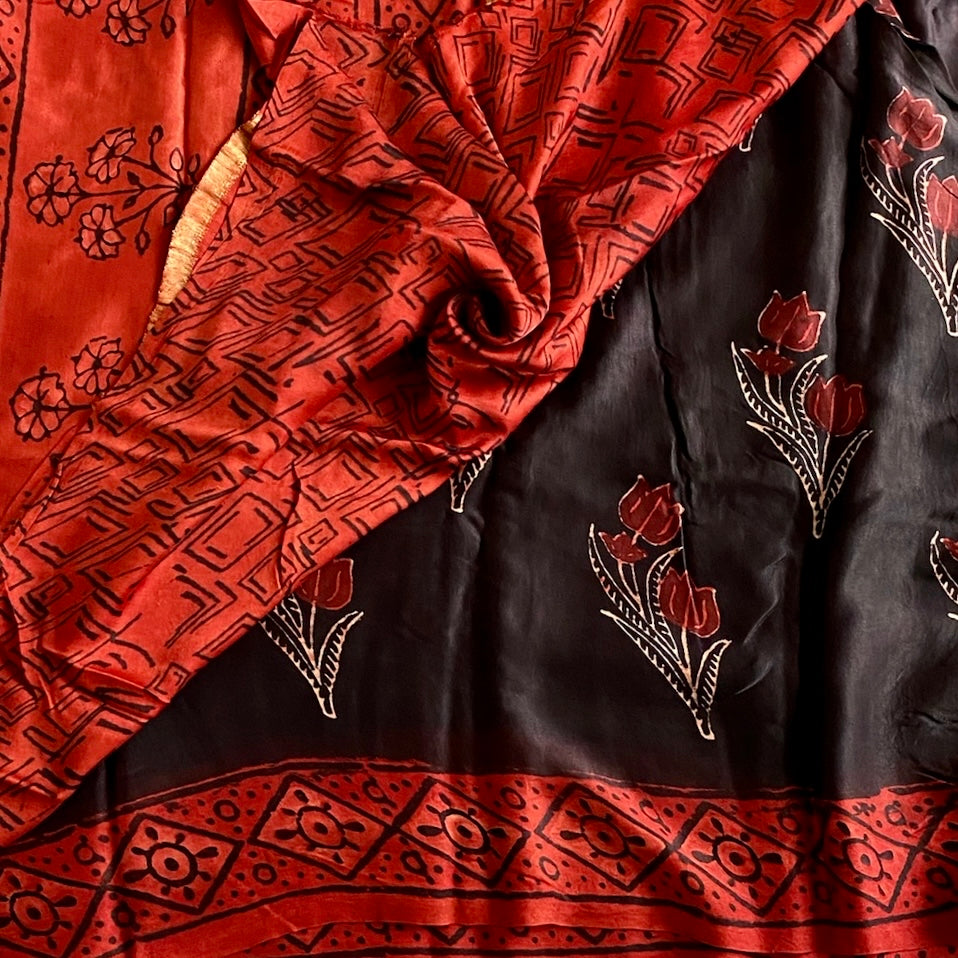 Midnight Black Ajrakh Handblock Printed Silk Saree With Rust Red Pallu