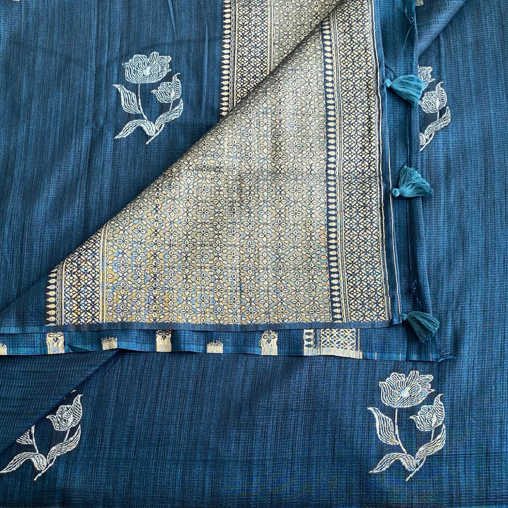 Teal Blue Soft Jute Tussar Saree With Silver Brocade Pallu