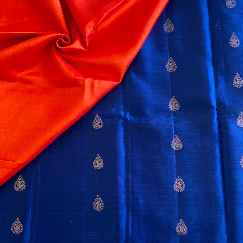 Royal Blue Designer Pure Silk Saree With Crimson Orange Pallu