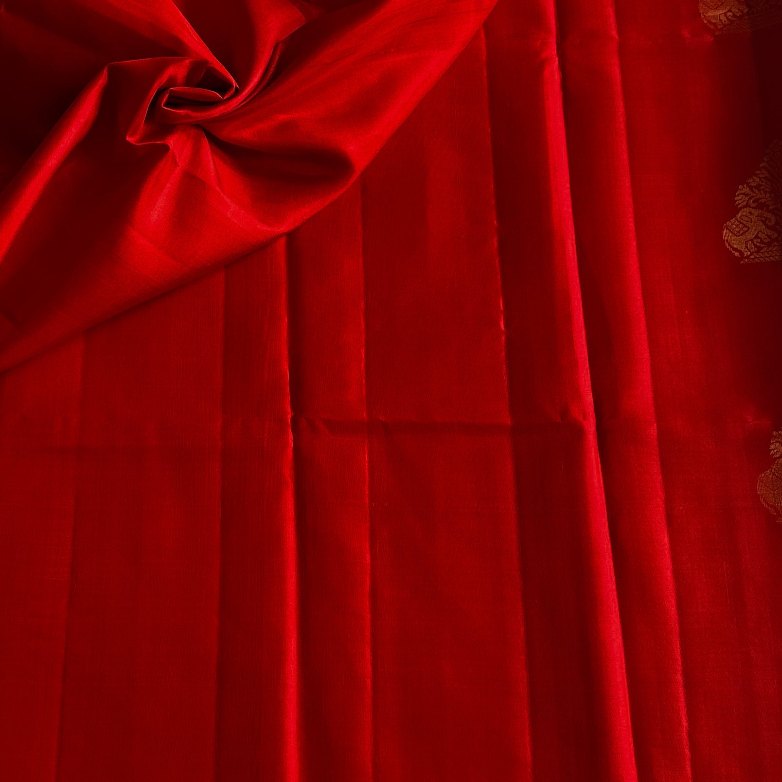 Scarlet Red Saree with Gold Woven Motifs and Tassels