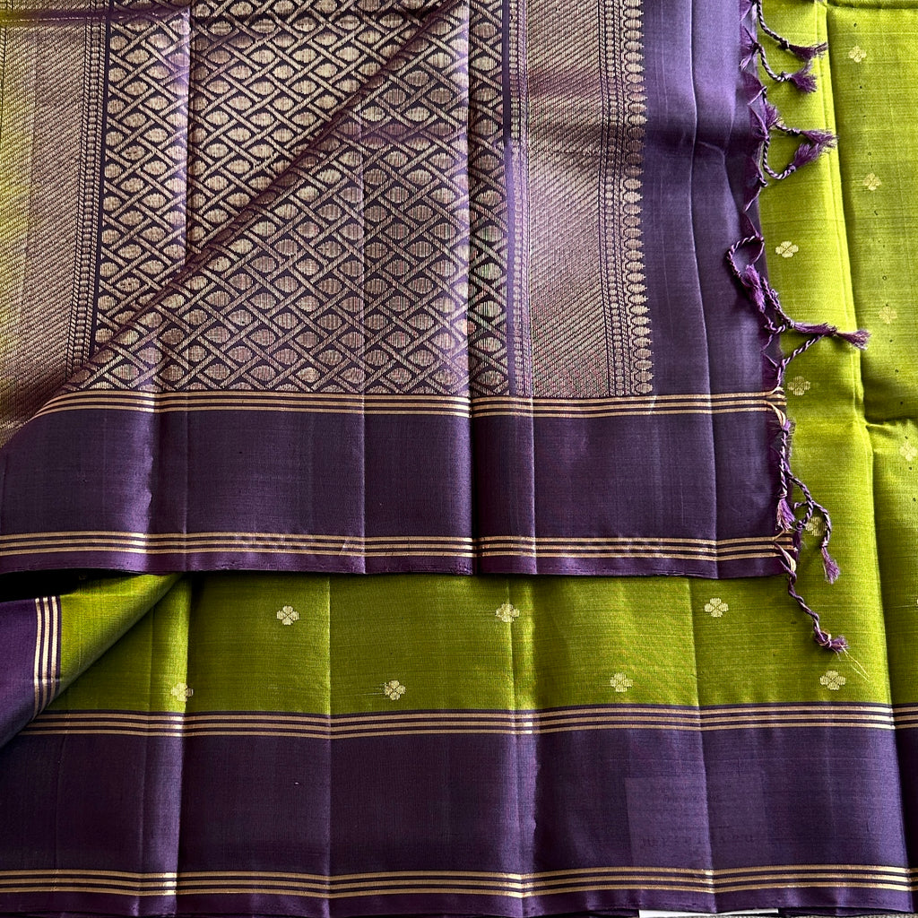 Chartreuse Green with Deep Purple Designer Lightweight Pure Silk