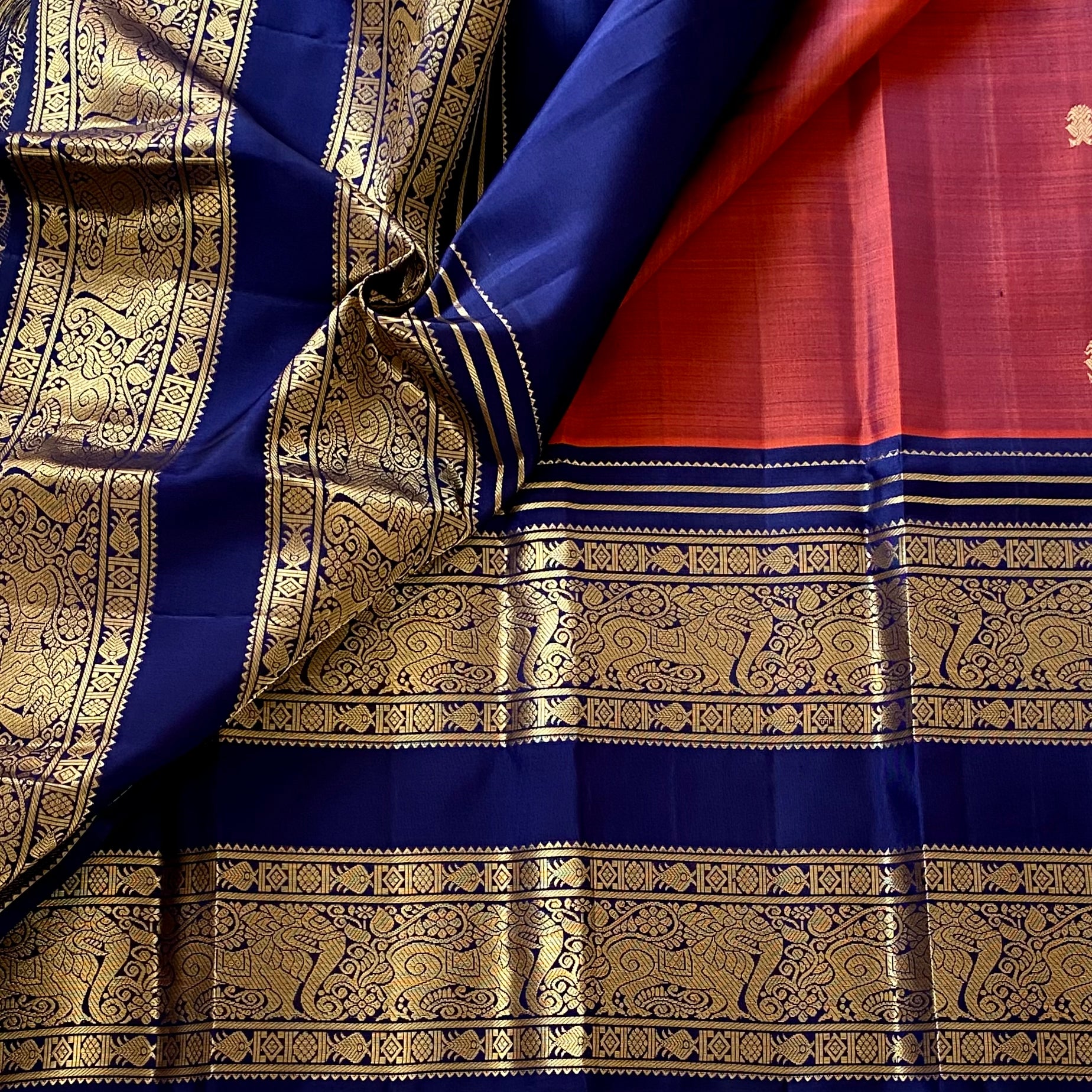Vintage Masterpiece Rust with Classic Navy Blue Pure Kanjeevaram Silk