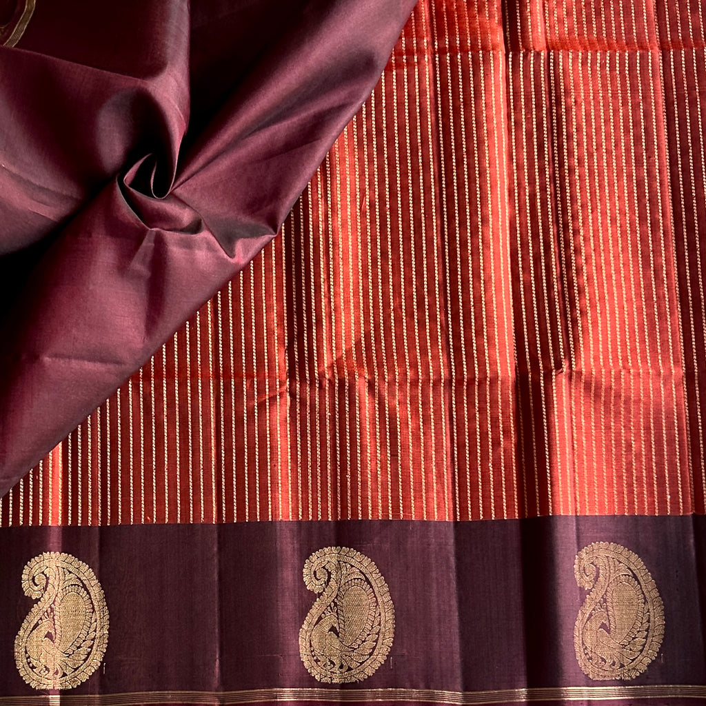 Burgundy Gold Brocade Diamond Saree With Paisley Border For Weddings