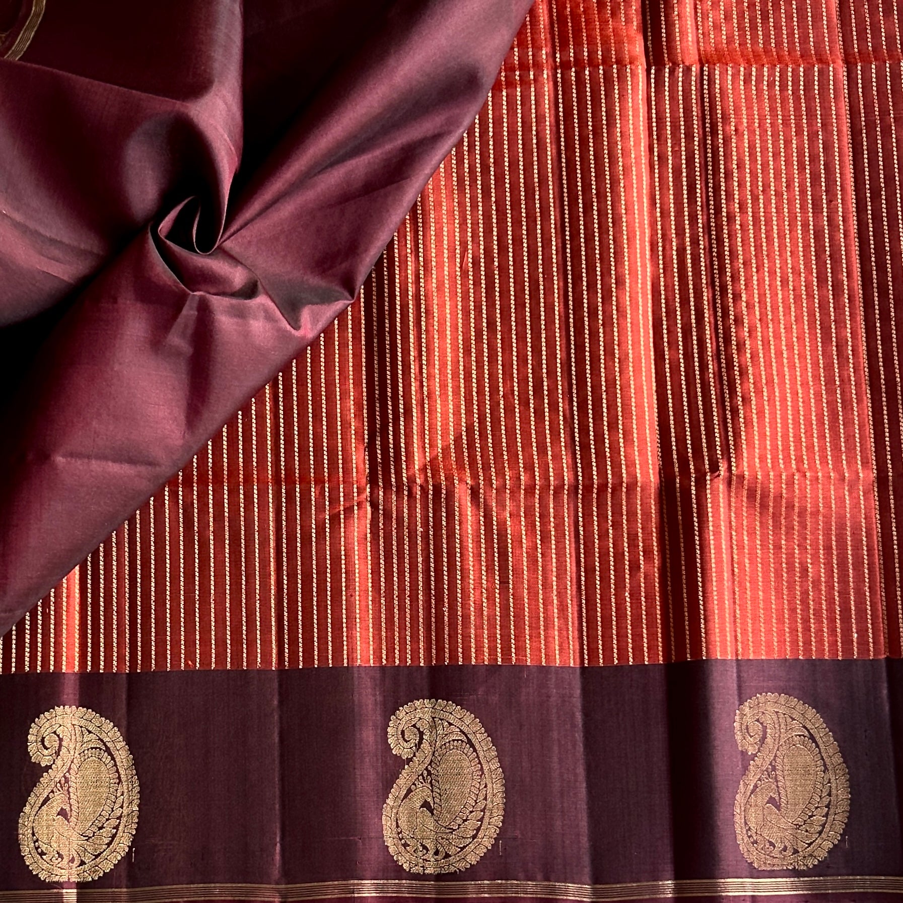 Burgundy Gold Brocade Diamond Saree With Paisley Border For Weddings