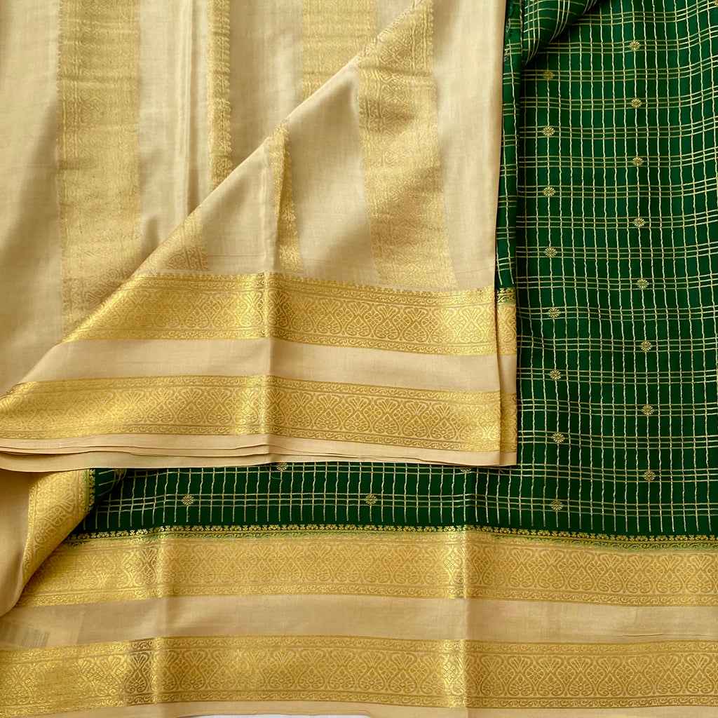 Emerald Green Silk Saree Gold Checks Cream Border Festive Wear