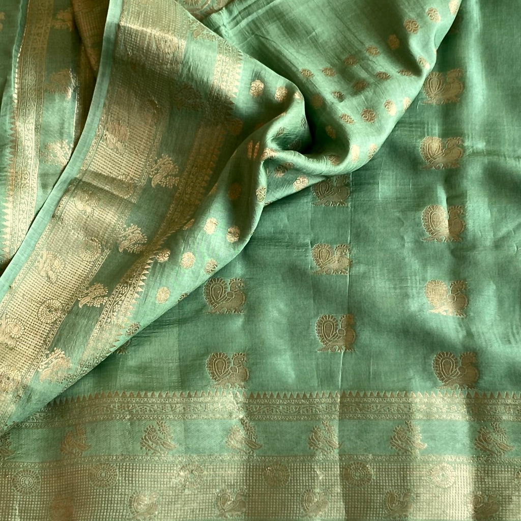 Mint Green Silk Saree With Gold Brocade Paisley Work Border